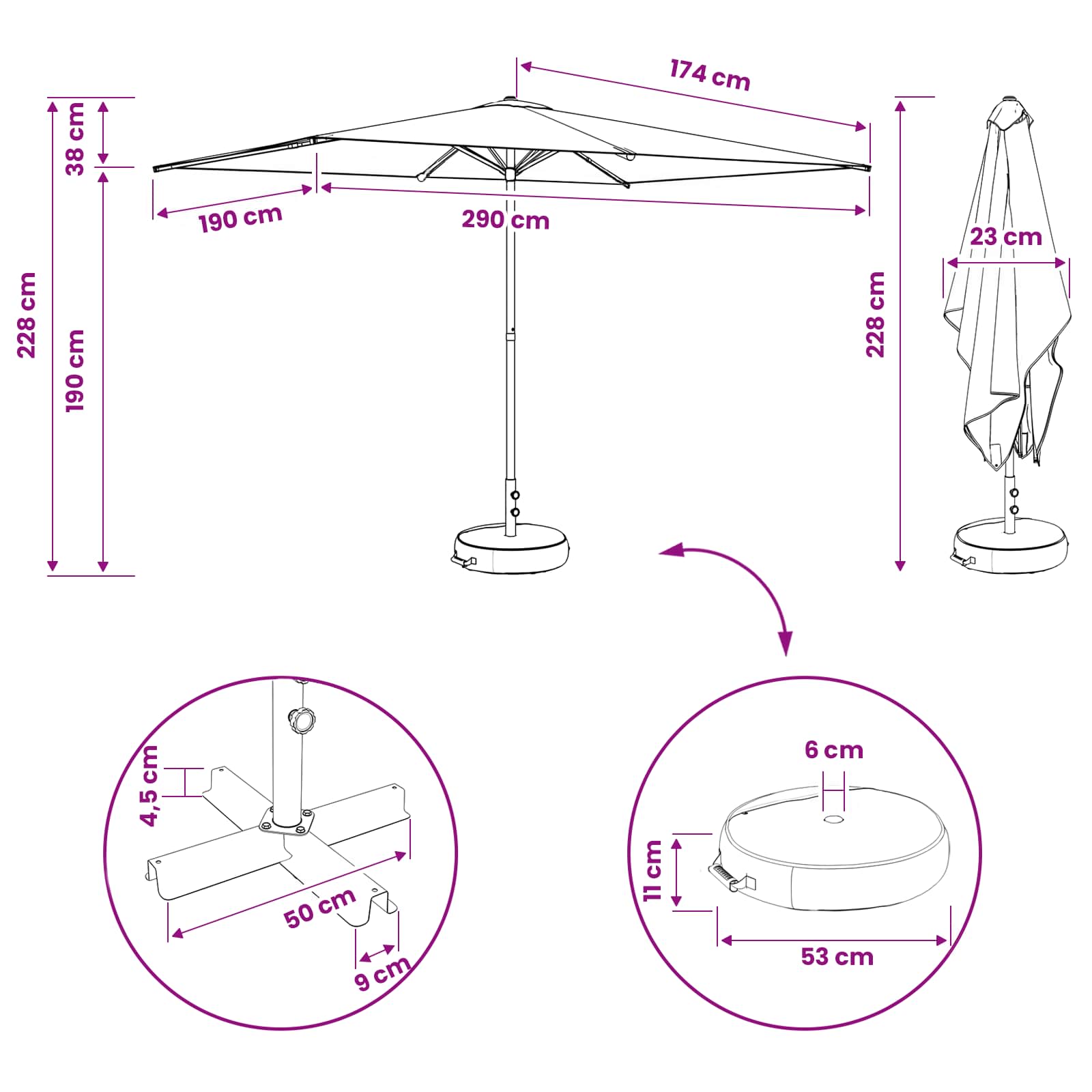 Vrtni Parasol s Podnožjem 200 x 300 cm Poliester Pravokutni