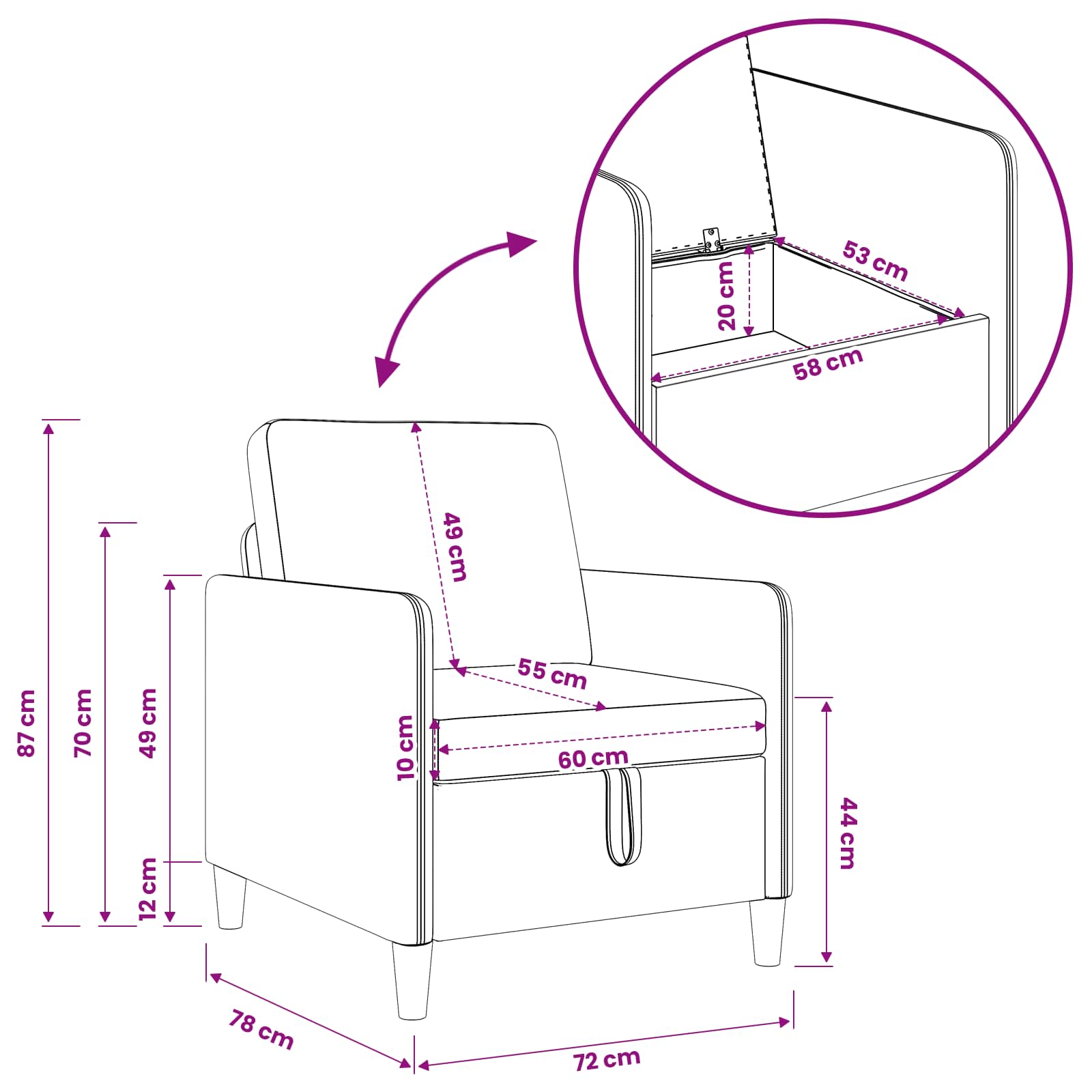 Sofa s pohranom Crna 72 x 78 x 87 cm Poliester