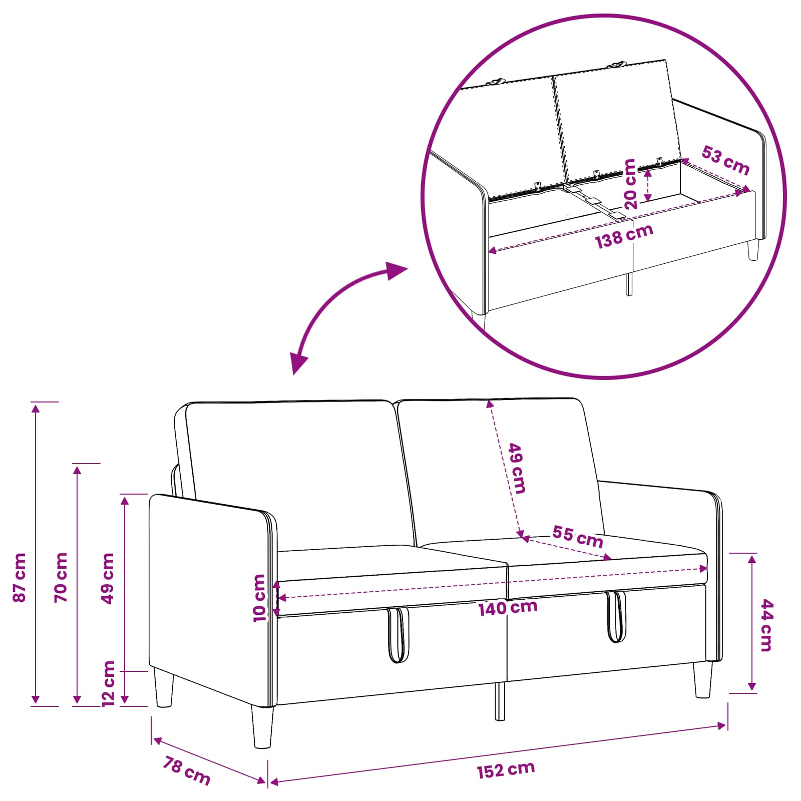 Sofa s pohranom Svijetlo zelena 152 x 78 x 87 cm Poliester