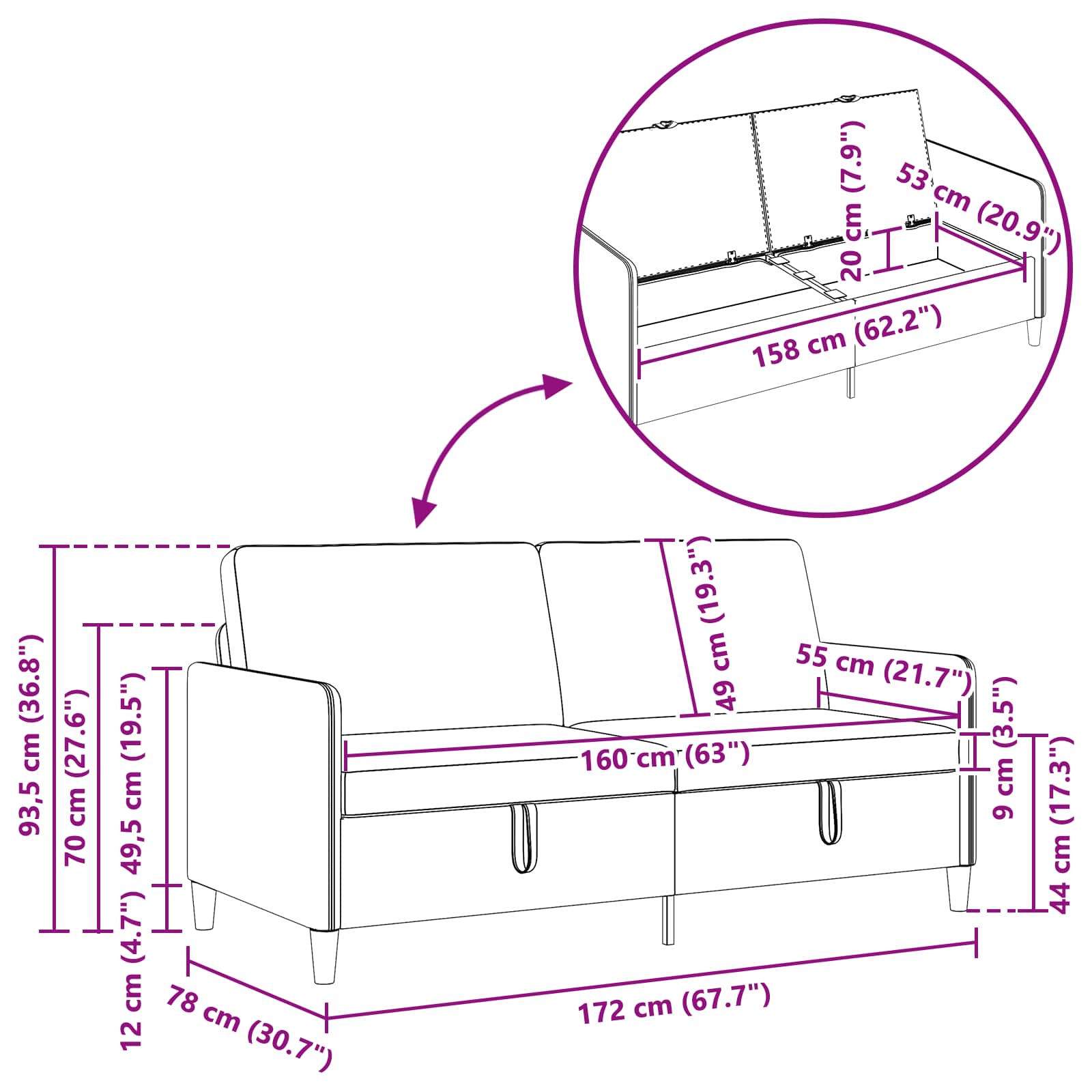 Sofa s pohranom Tamnozelena 172 x 78 x 87 cm Poliester