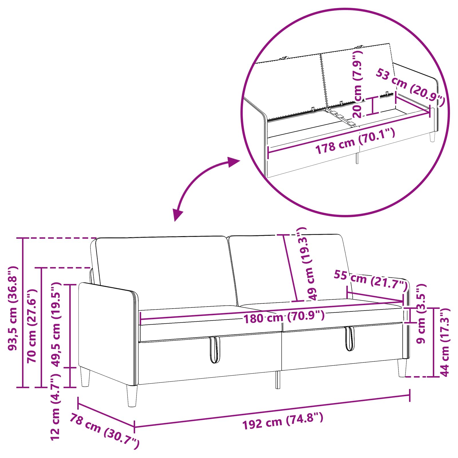 Sofa s pohranom Krem 192 x 78 x 87 cm Poliester
