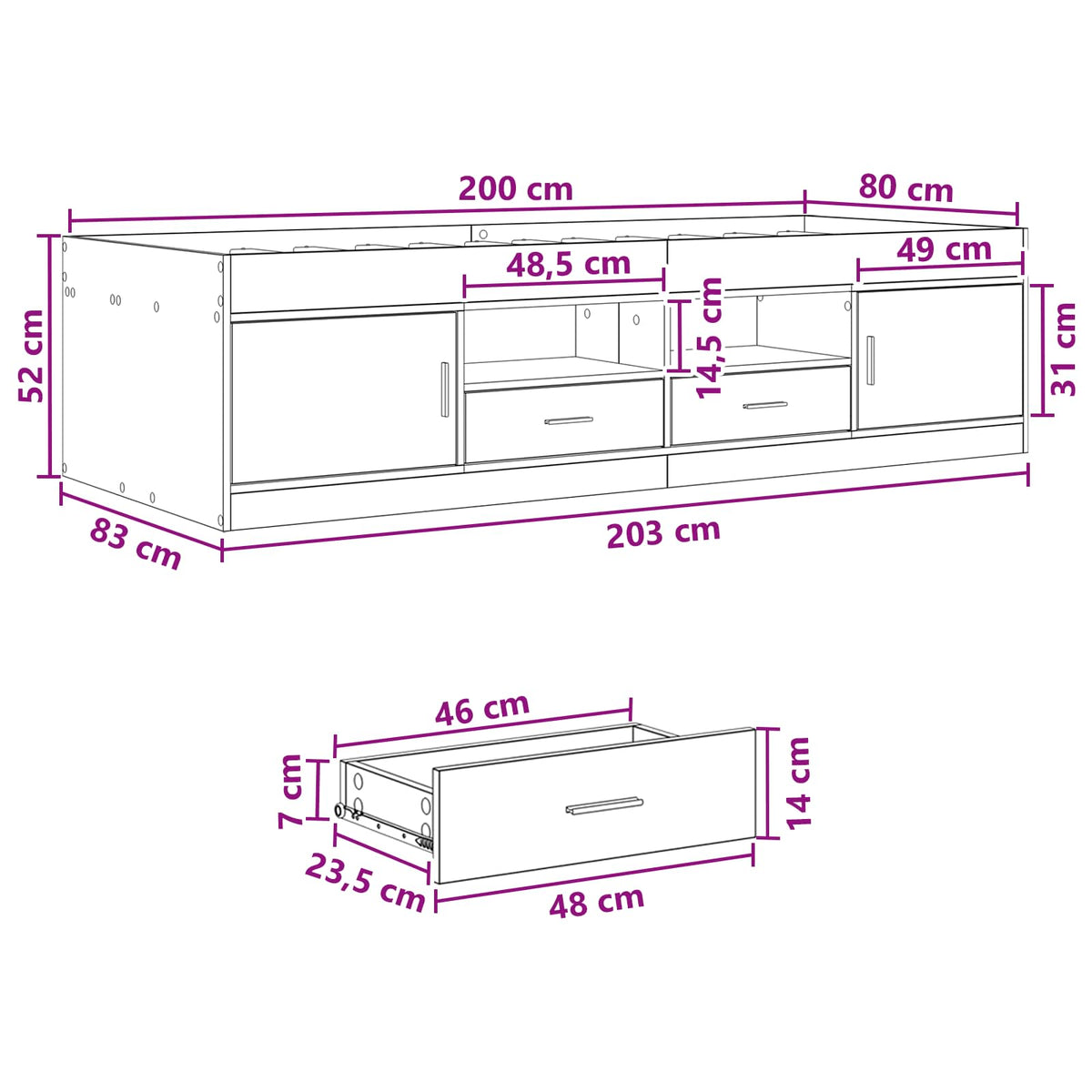 Okvir kreveta s pohranom s ladicama Betonska siva 80 x 200 cm