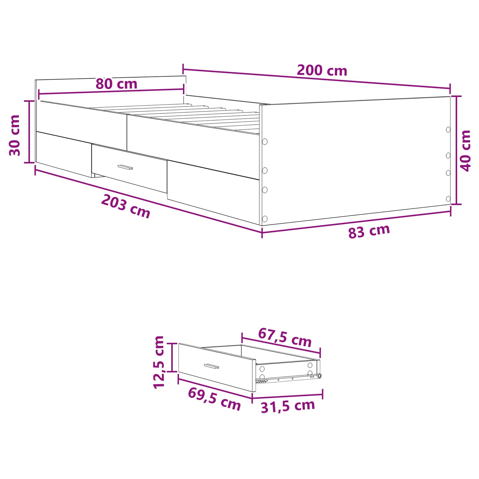 Okvir kreveta s pohranom s ladicama Hrast sonoma 80 x 200 cm