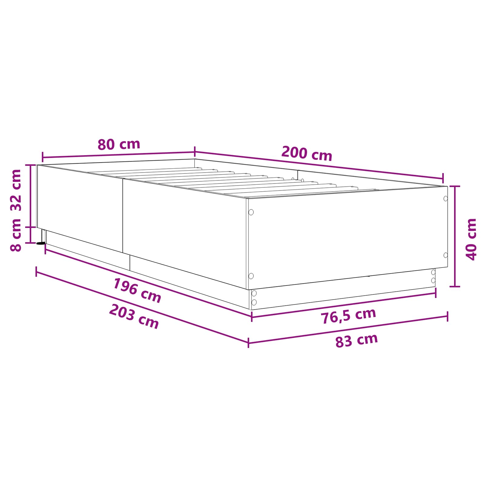 Krevetna konstrukcija s LED svjetlom Hrast sonoma 80 x 200 cm