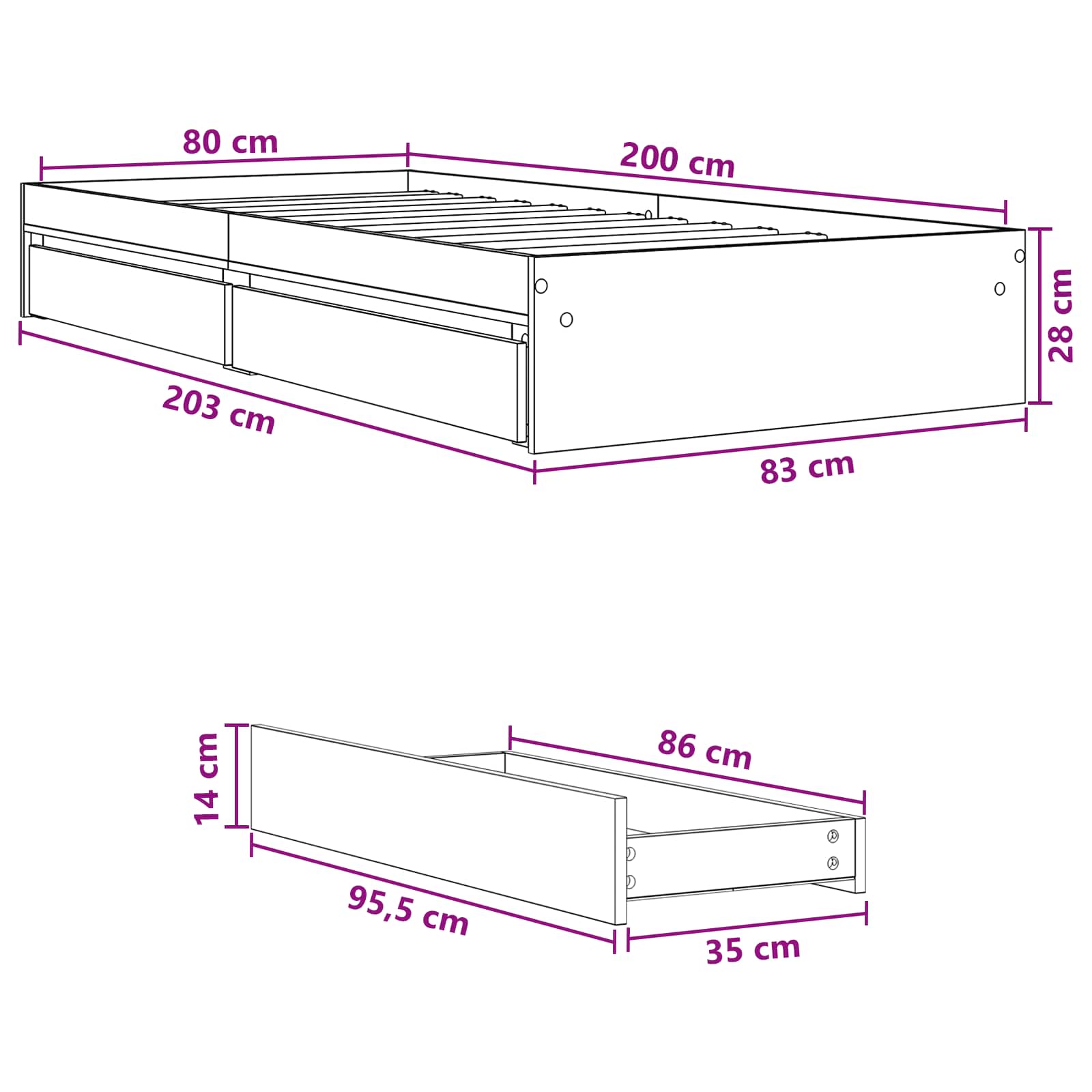 Okvir kreveta s pohranom s ladicama Hrast sonoma 80 x 200 cm