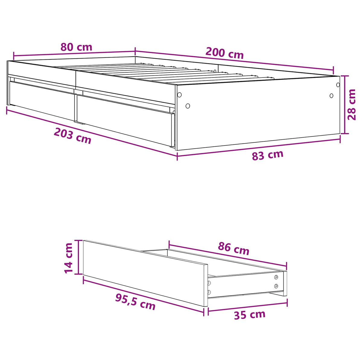 Okvir kreveta s pohranom s ladicama Dimljeni hrast 80 x 200 cm