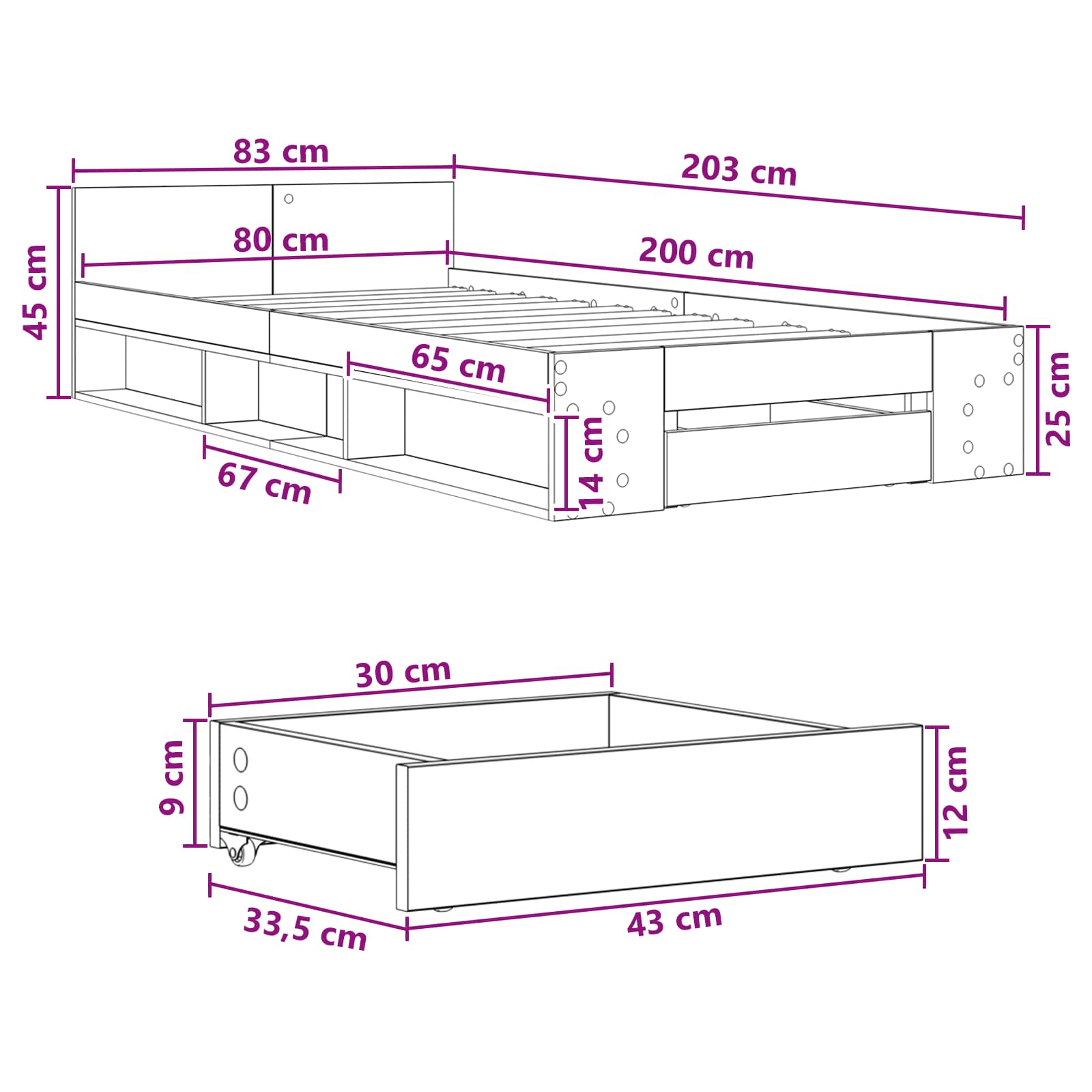 Okvir kreveta s pohranom s ladicama Crni hrast 80 x 200 cm