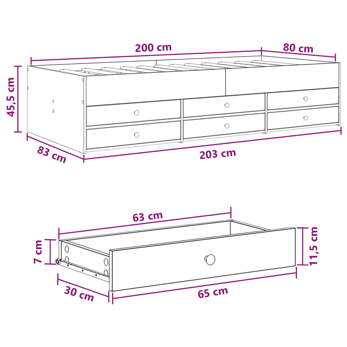 Okvir kreveta s pohranom s ladicama Betonska siva 80 x 200 cm