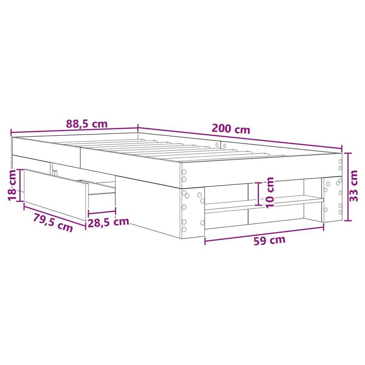 Okvir kreveta s pohranom s ladicama Betonska siva 80 x 200 cm