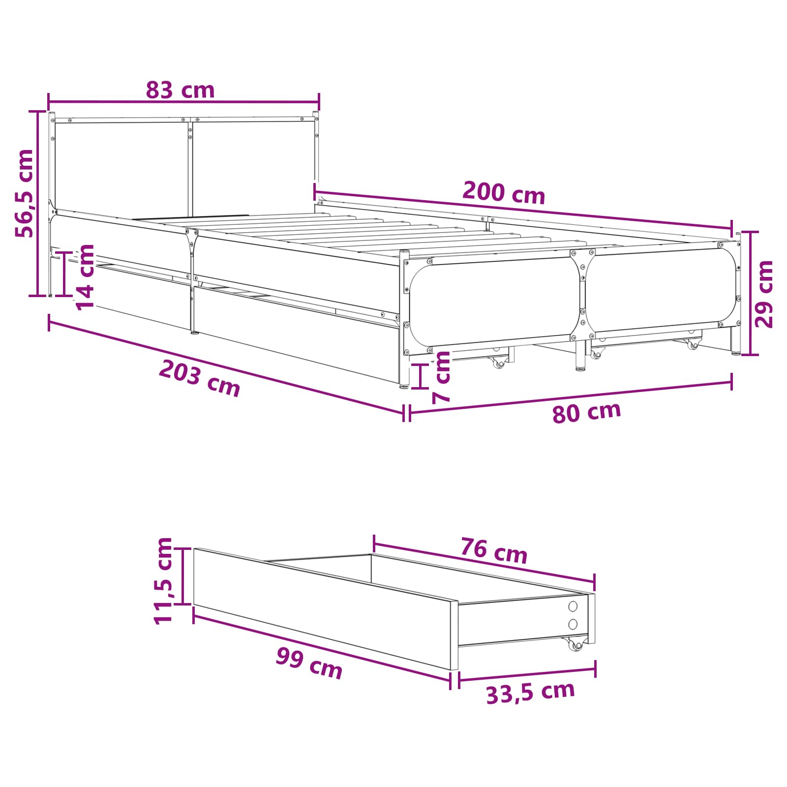 Okvir kreveta s uzglavljem s ladicama Hrast sonoma 80 x 200 cm