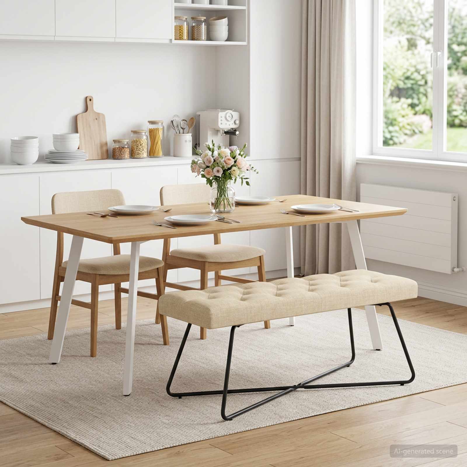 Klupa s gumbastim tkanjem Krem 110 x 40 x 46 cm Tkanina