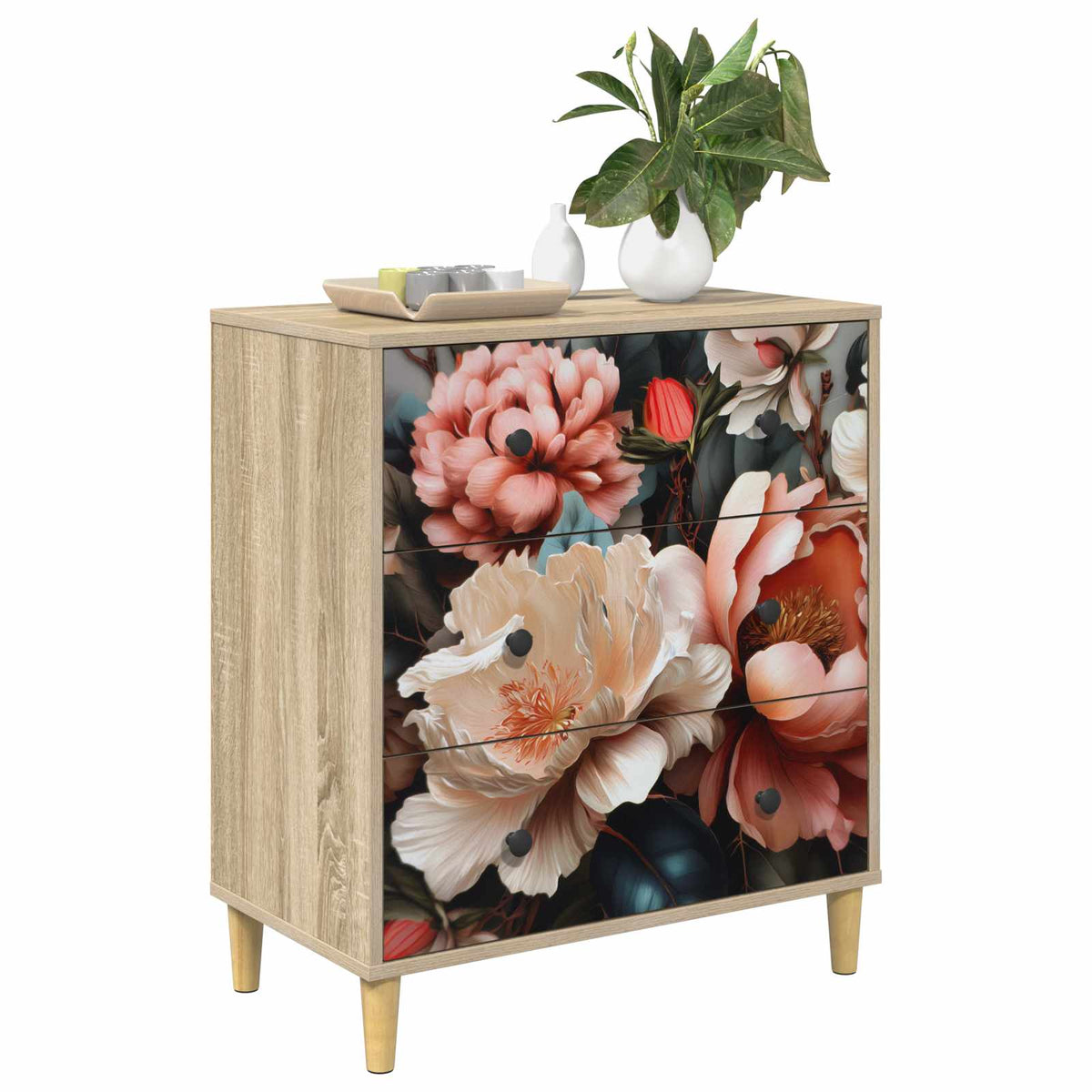 Komoda BORNE Print lagane peonije 66 x 36,5 x 75 cm Sonoma