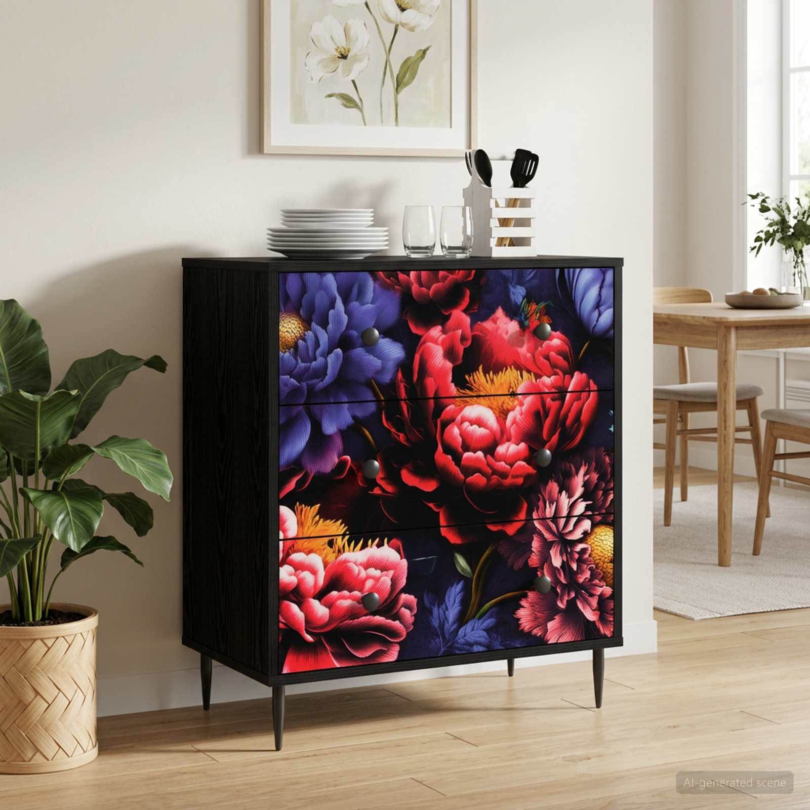 Komoda KIEL Tamni cvjetni uzorak 66 x 36,5 x 76 cm Crni hrast