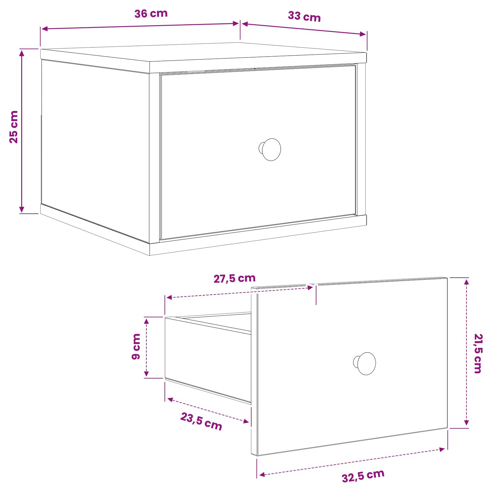 Wall-mounted noćni ormarić BONN Crni hrast 36 x 33 x 25 cm