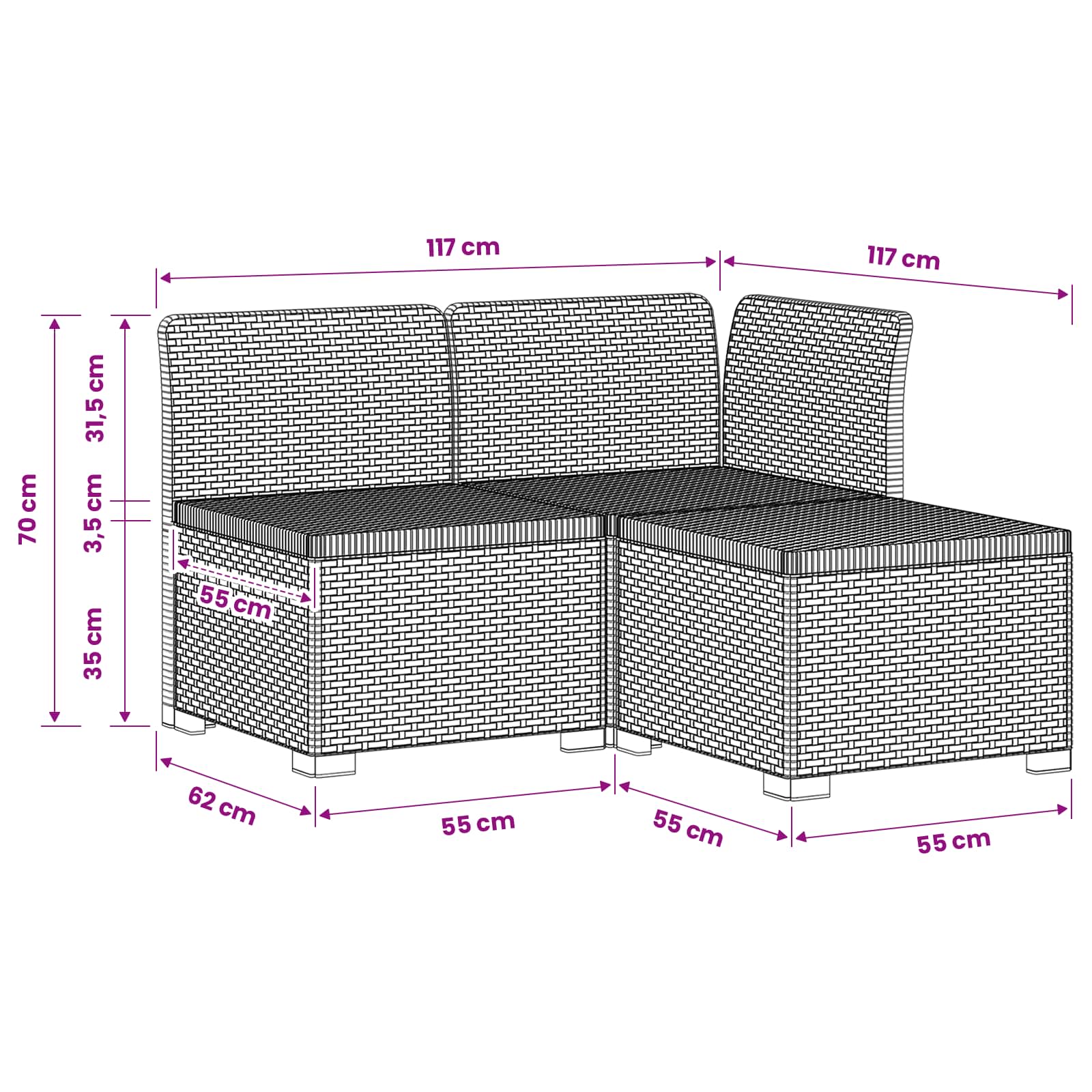 Sofa za vrt za 3 osobe sa izgledom rattan PP Bijela