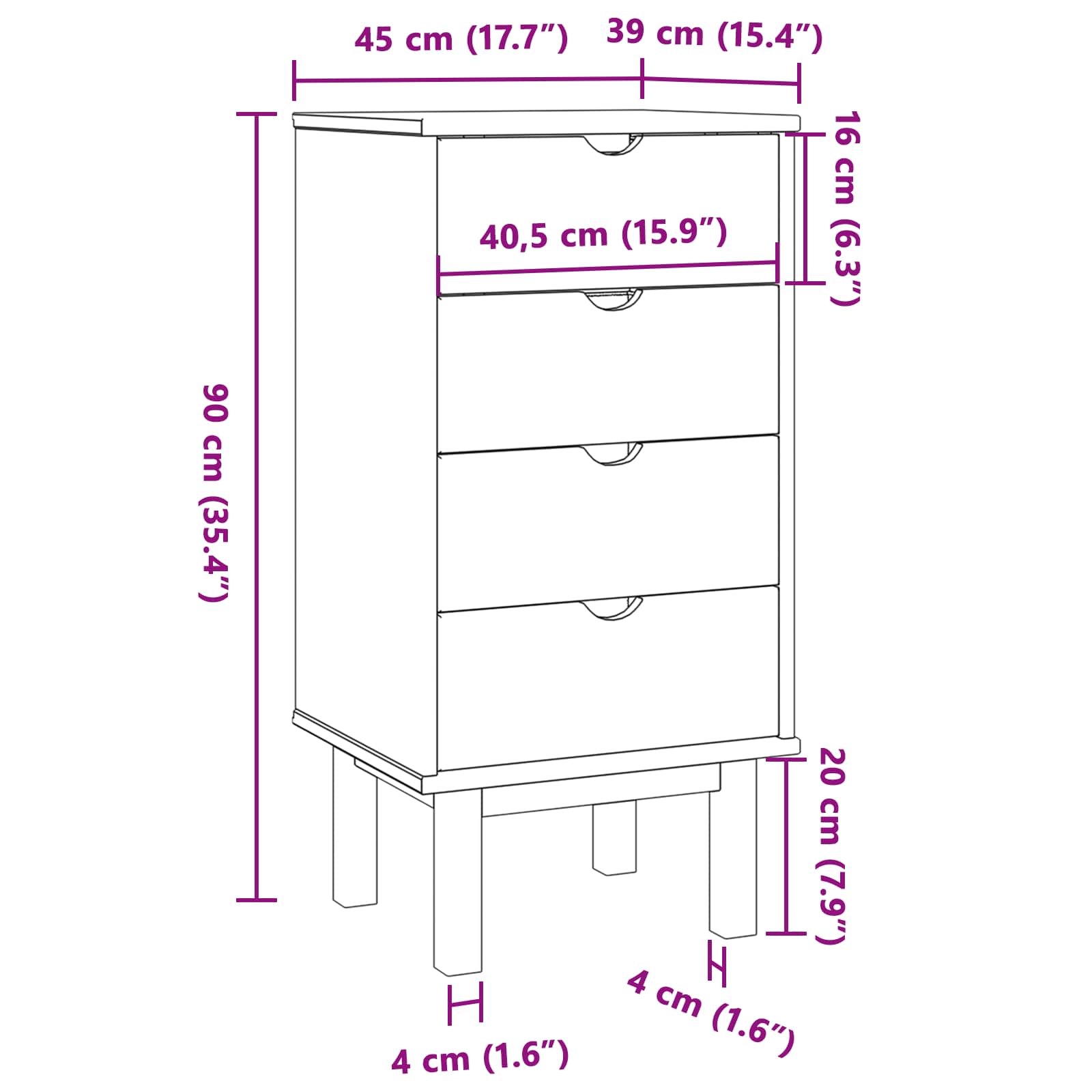 Komoda s ladicama OTTA Crna 45 x 39 x 90 cm Masivna borovina