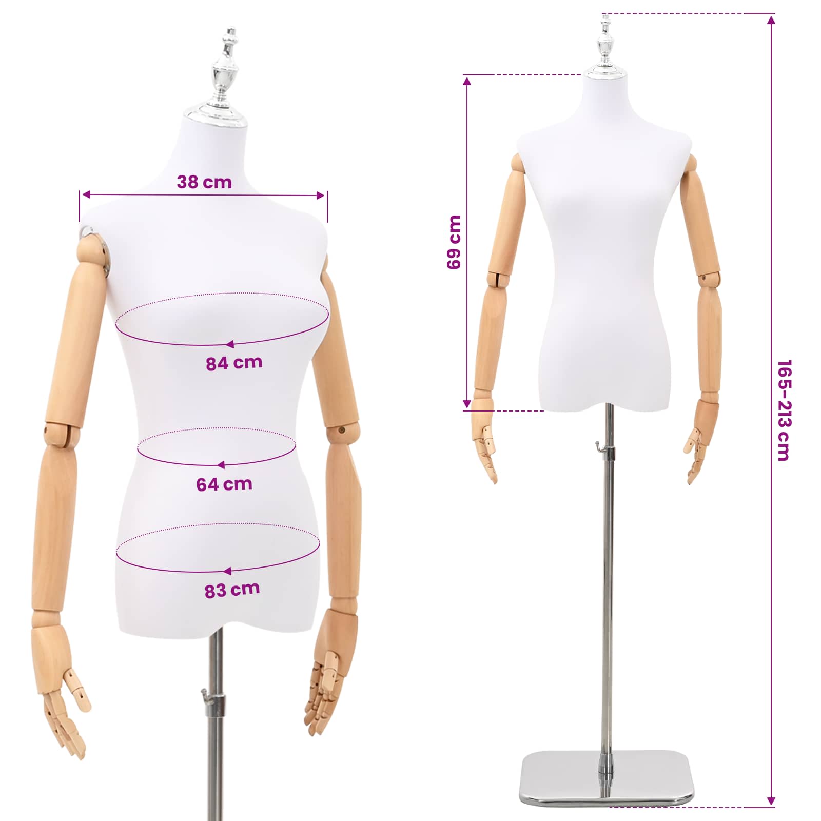 Podesiva lutka 165-213 cm s postoljem Žena PP Bijela