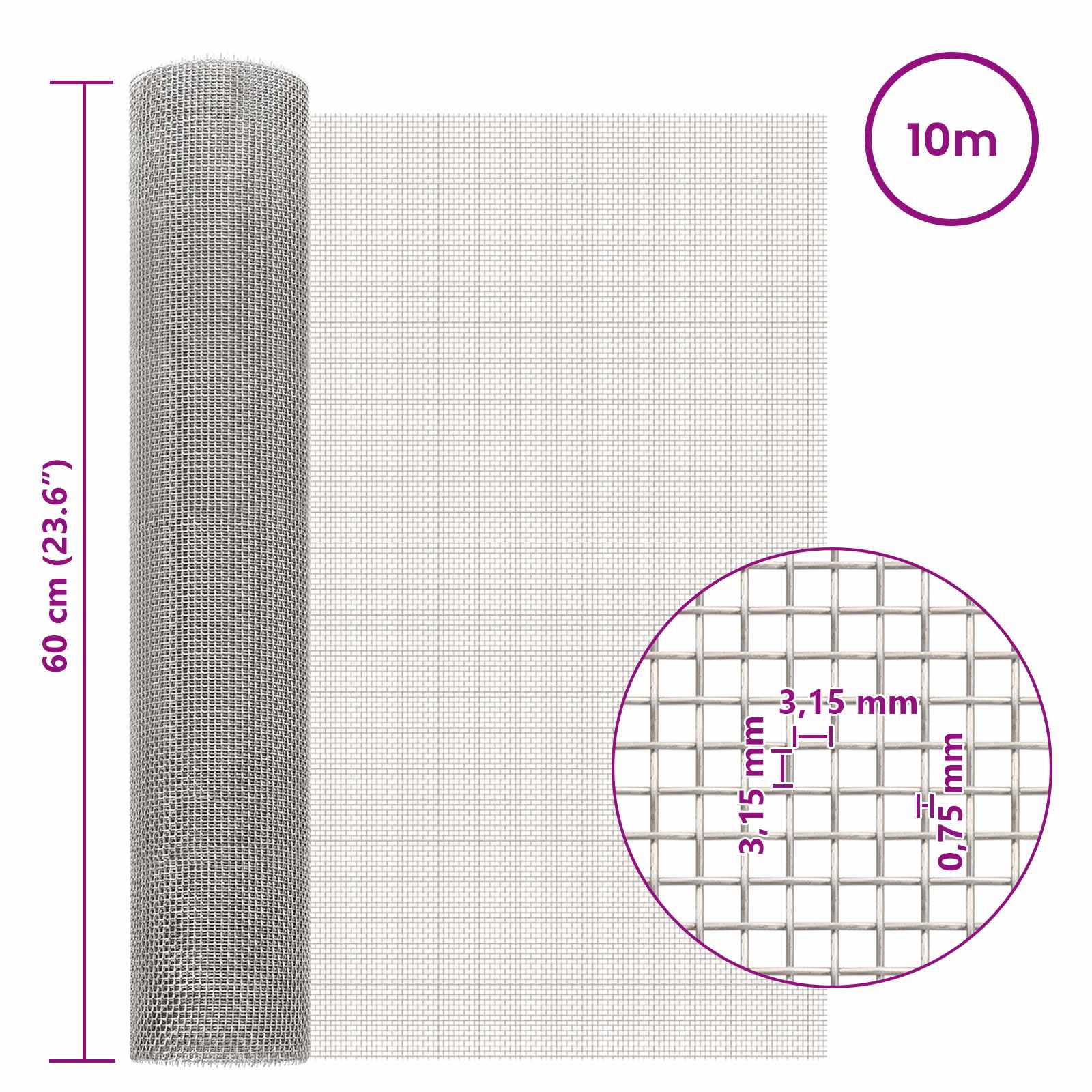 Mrežna tkanina 60 x 1000 cm 6 Mesh Nehrđajući čelik 201 Srebrna