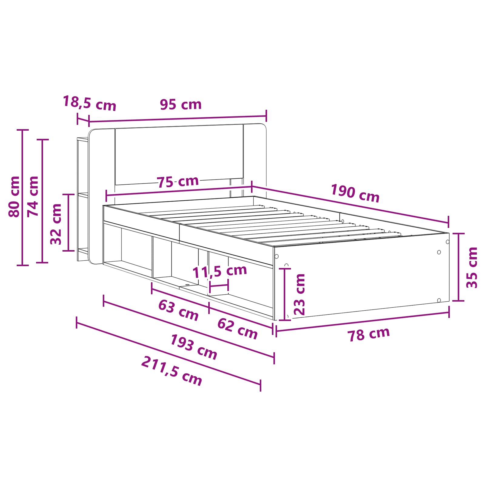 Okvir kreveta s pohranom s uzglavljem Betonska siva 75 x 190 cm