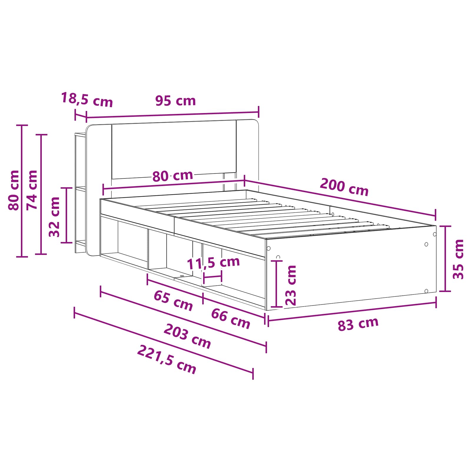 Okvir kreveta s pohranom s uzglavljem Staro drvo 80 x 200 cm