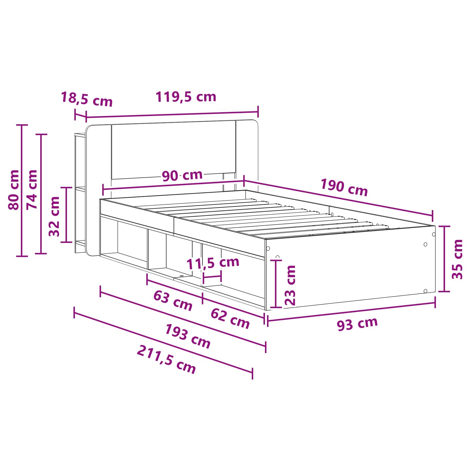 Okvir kreveta s pohranom s uzglavljem Hrast artisan 90 x 190 cm