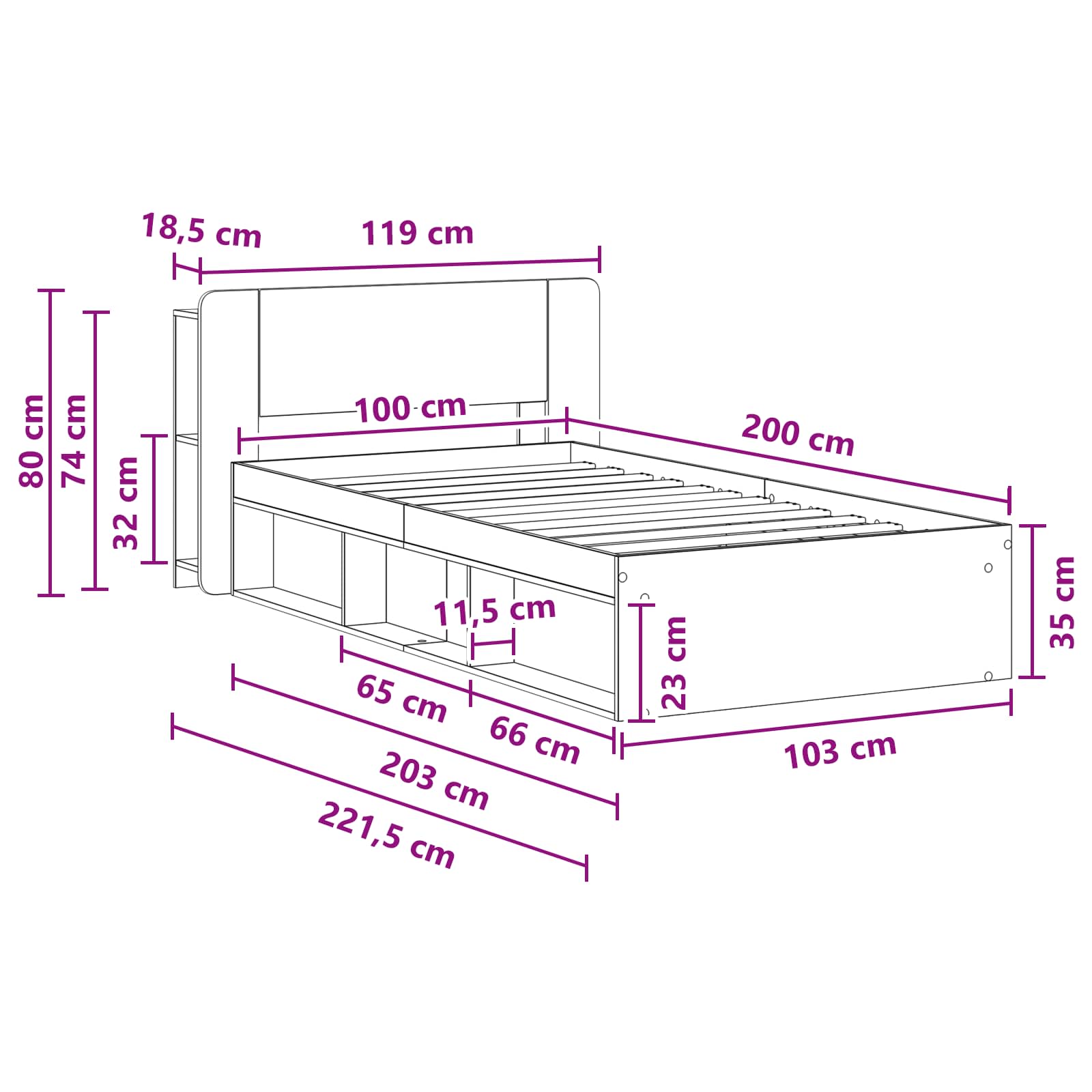 Okvir kreveta s pohranom Betonska siva 100 x 200 cm