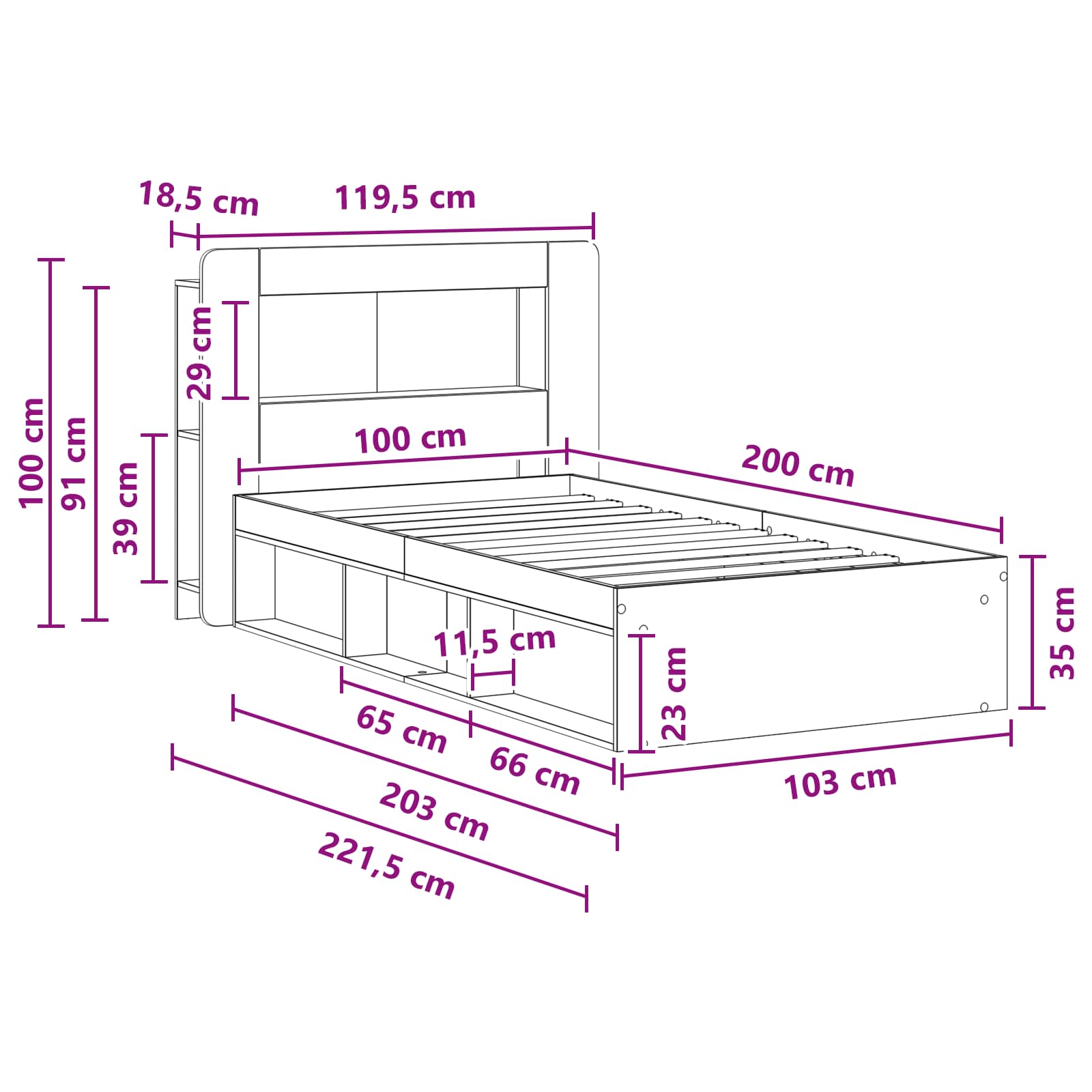 Okvir kreveta s pohranom s uzglavljem Siva Sonoma 100 x 200 cm