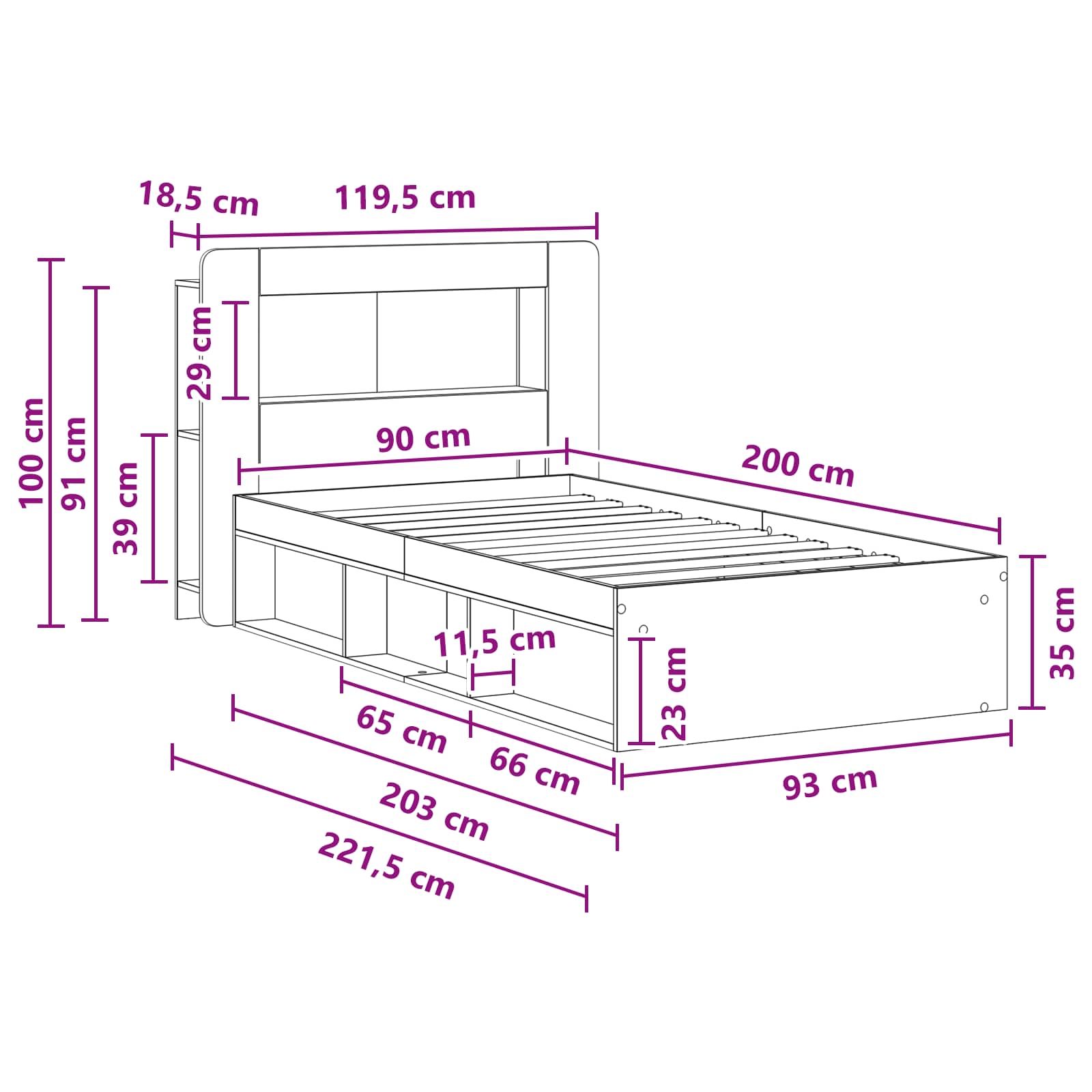 Okvir kreveta s pohranom Dimljeni hrast 90 x 200 cm
