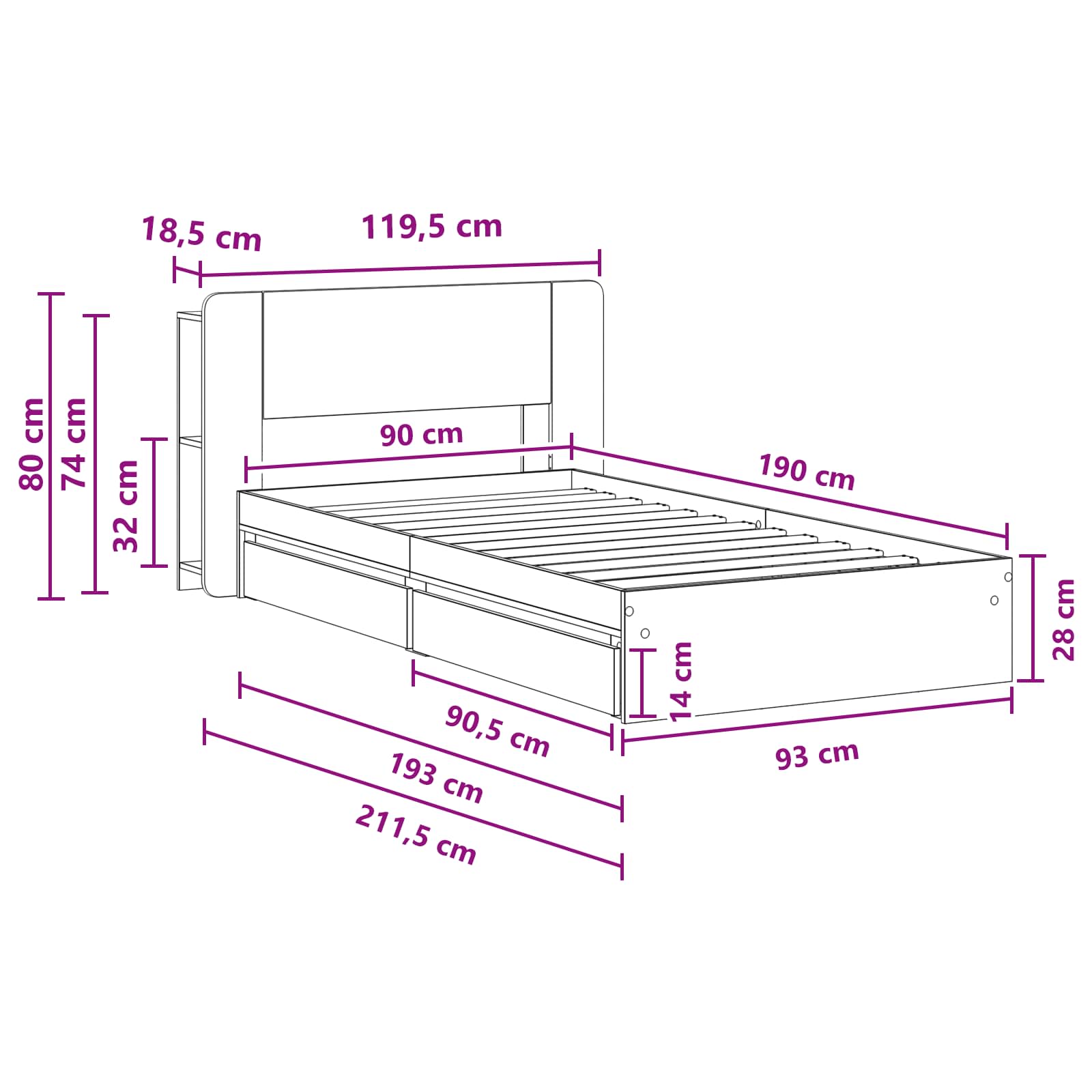 Okvir kreveta s pohranom s ladicama Betonska siva 90 x 190 cm