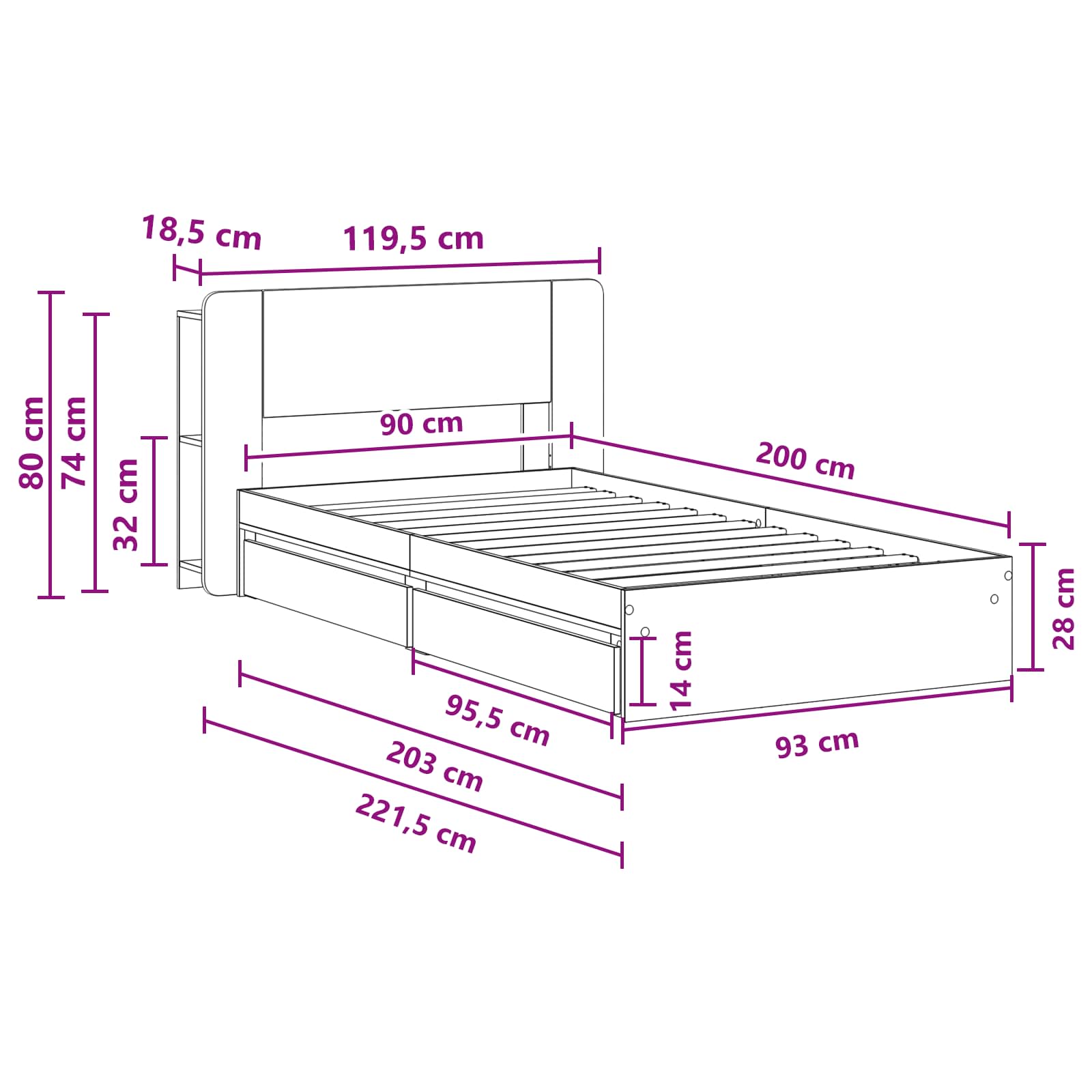 Okvir kreveta s pohranom s ladicama Hrast sonoma 90 x 200 cm