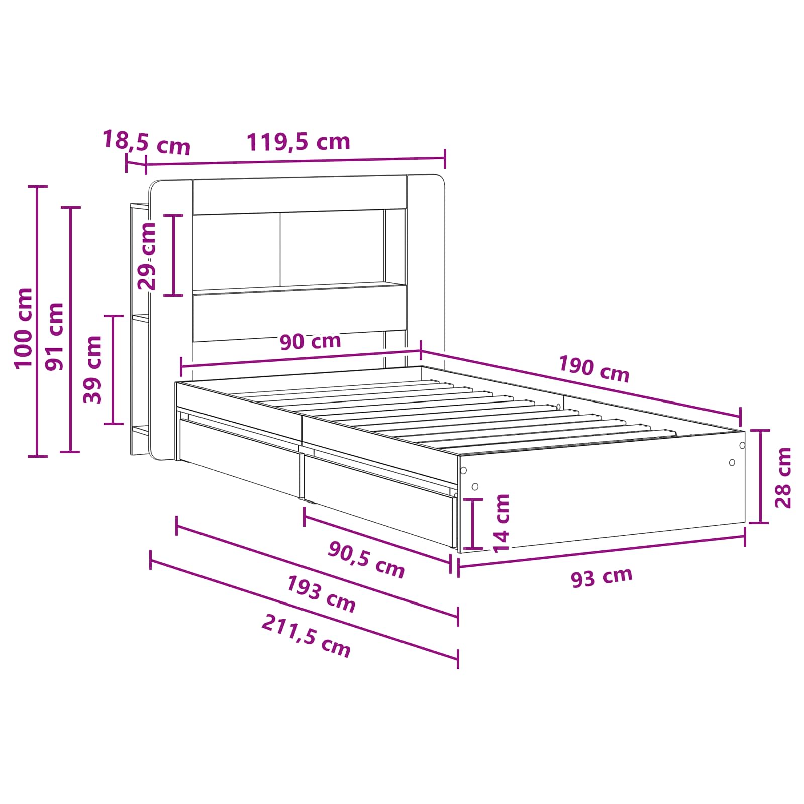 Okvir kreveta s pohranom s ladicama Siva Sonoma 90 x 190 cm