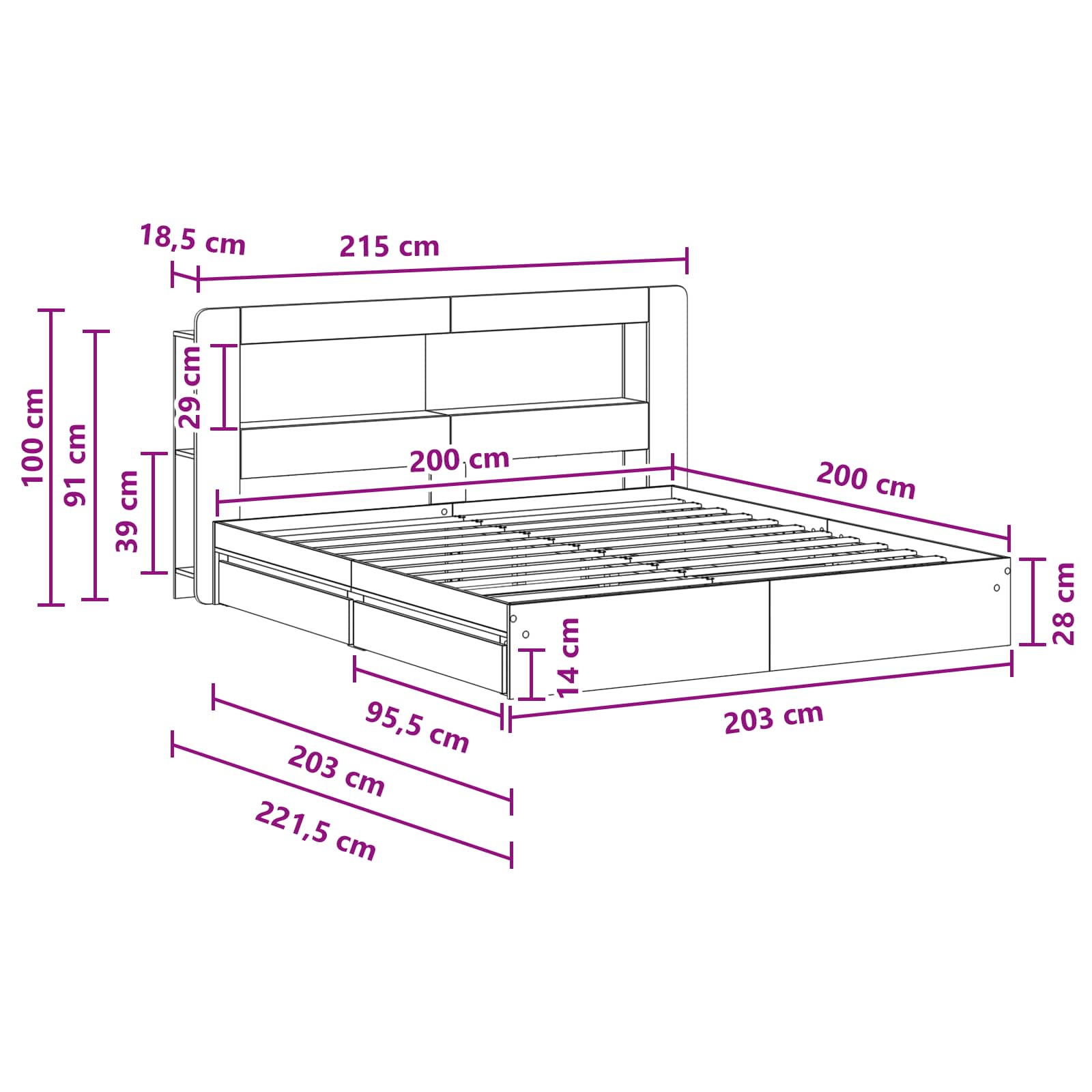 Okvir kreveta s pohranom s ladicama Siva Sonoma 200 x 200 cm