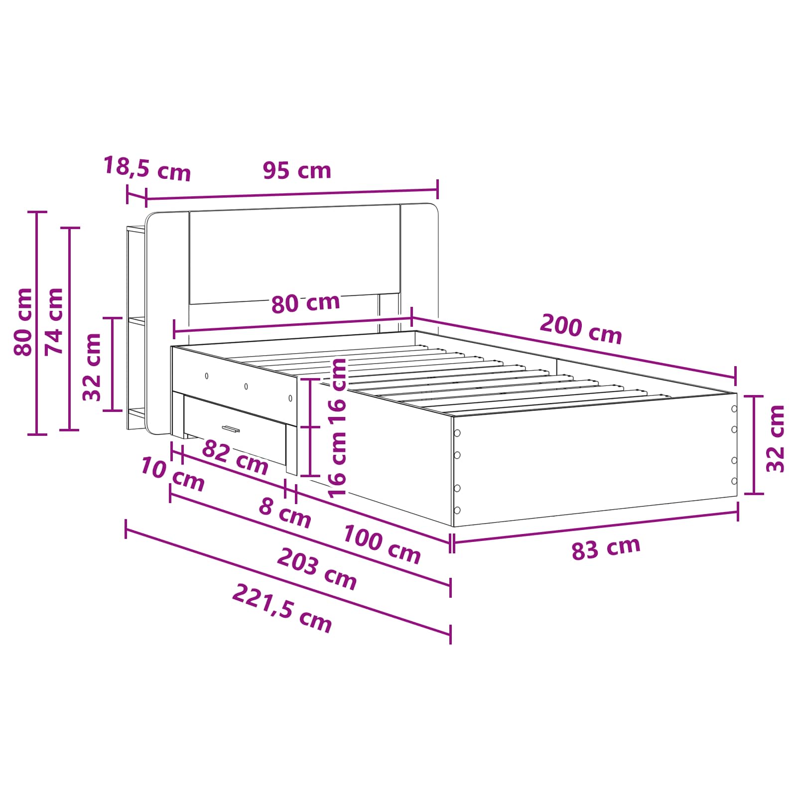 Okvir kreveta s pohranom Dimljeni hrast 80 x 200 cm