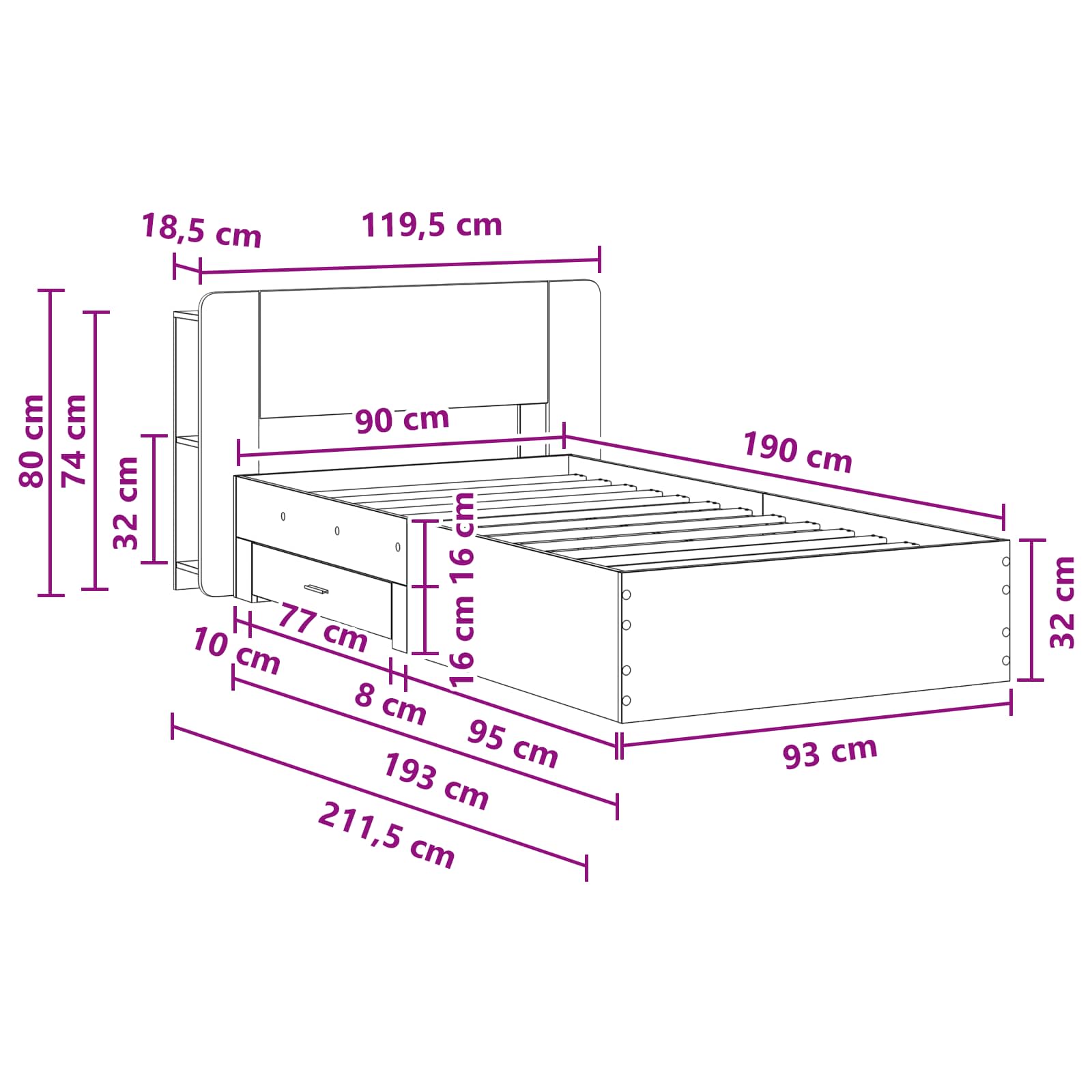 Okvir kreveta s pohranom s uzglavljem Siva Sonoma 90 x 190 cm