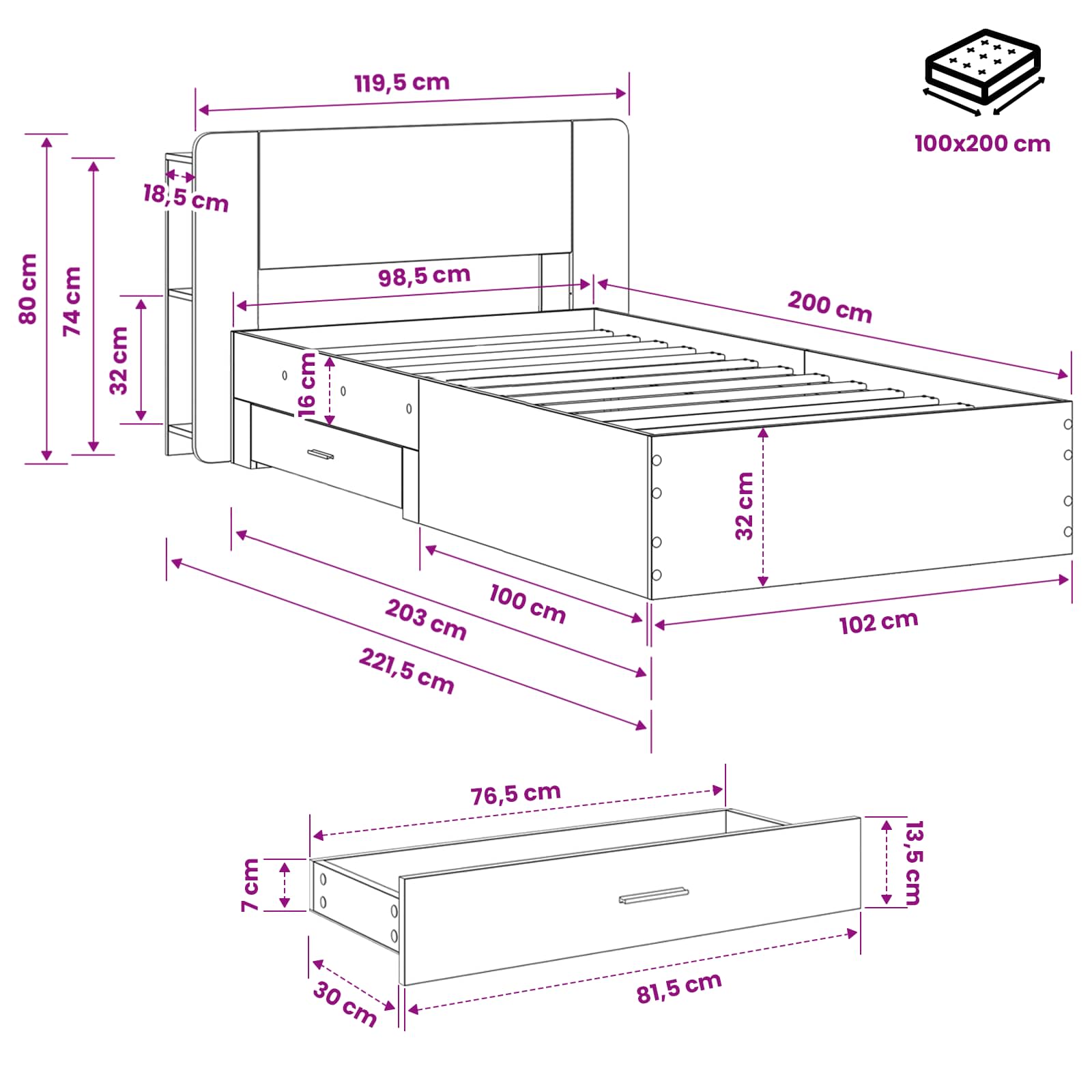 Okvir kreveta s pohranom Dimljeni hrast 100 x 200 cm