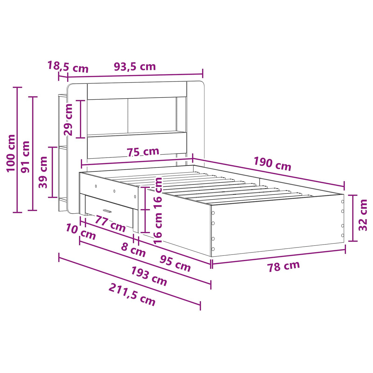 Okvir kreveta s pohranom s uzglavljem Siva Sonoma 75 x 190 cm