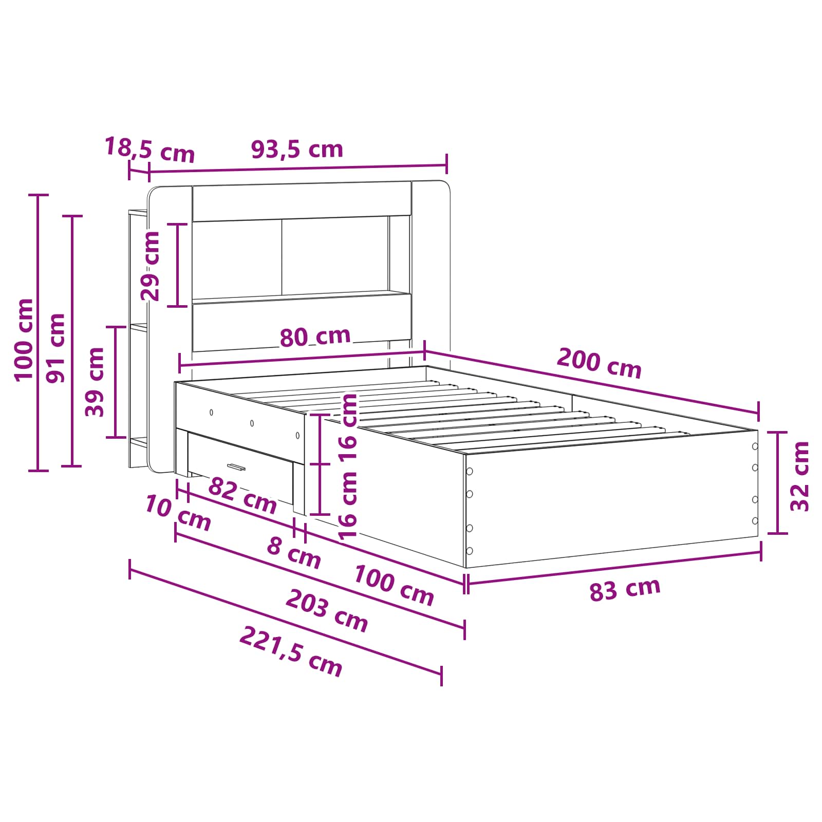 Okvir kreveta s pohranom s uzglavljem Betonska siva 80 x 200 cm