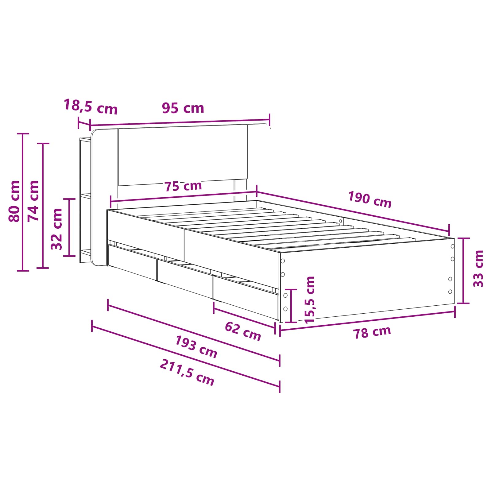 Okvir kreveta s pohranom Bijela 75 x 190 cm Konstruirano drvo