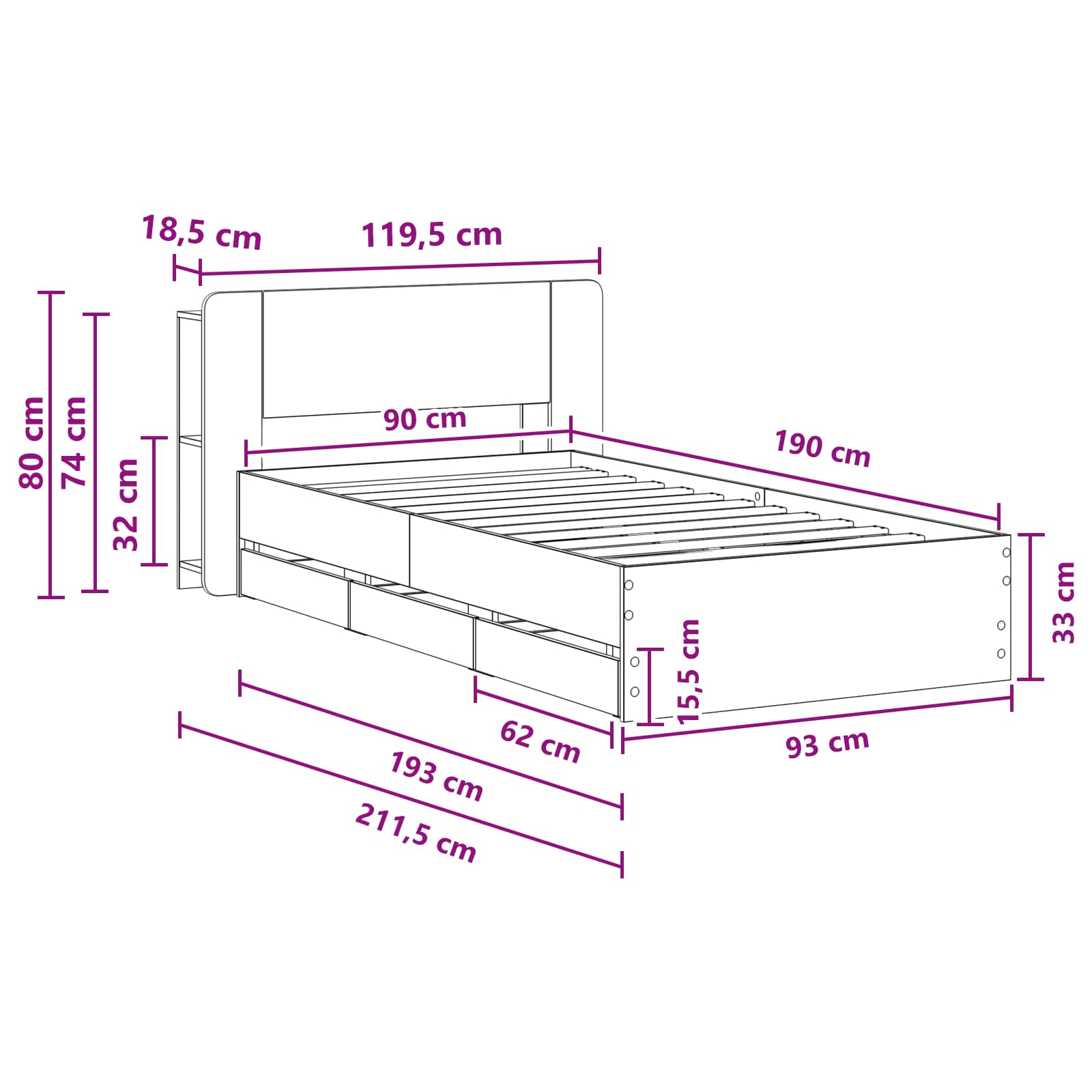 Okvir kreveta s pohranom s uzglavljem Betonska siva 90 x 190 cm