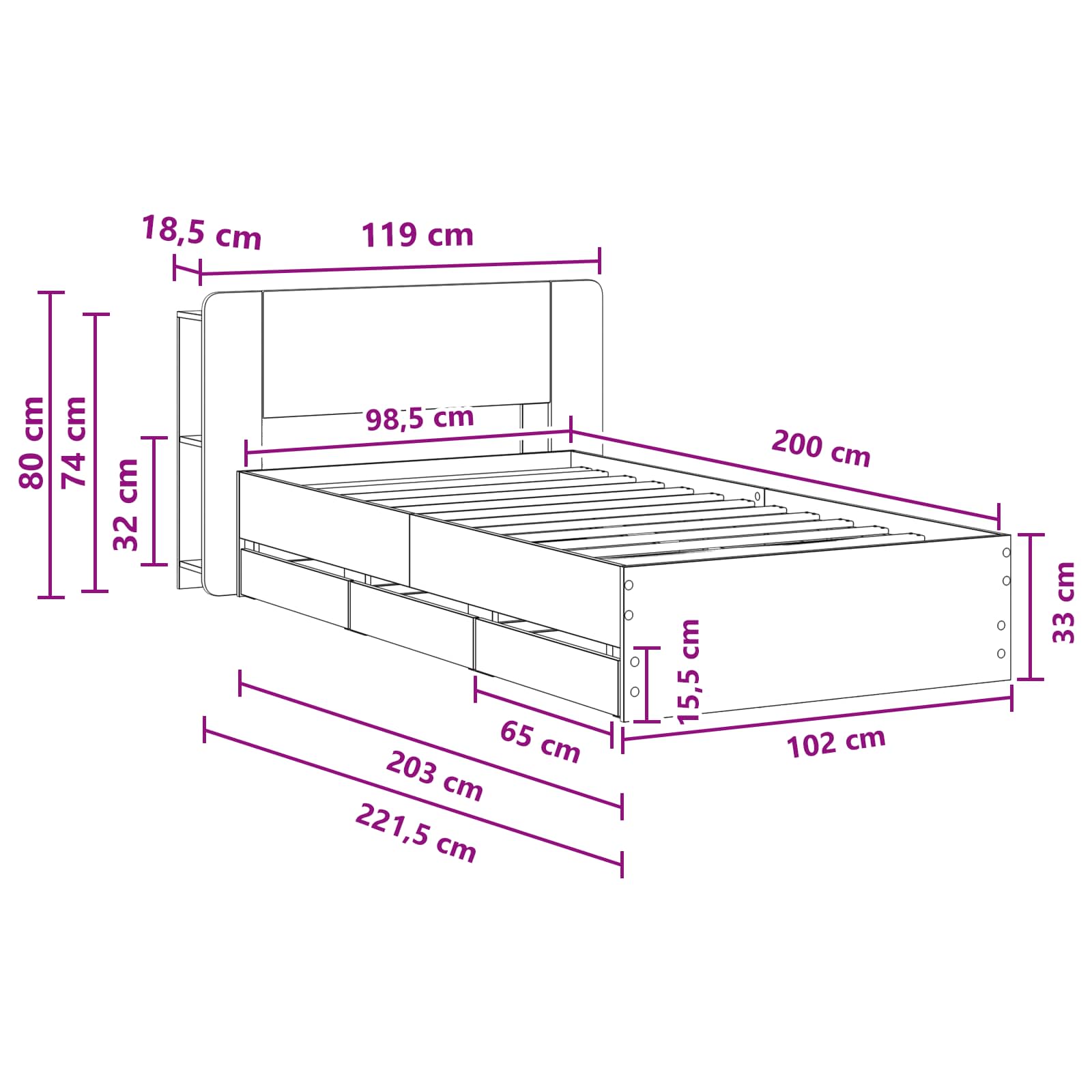 Okvir kreveta s pohranom Dimljeni hrast 100 x 200 cm
