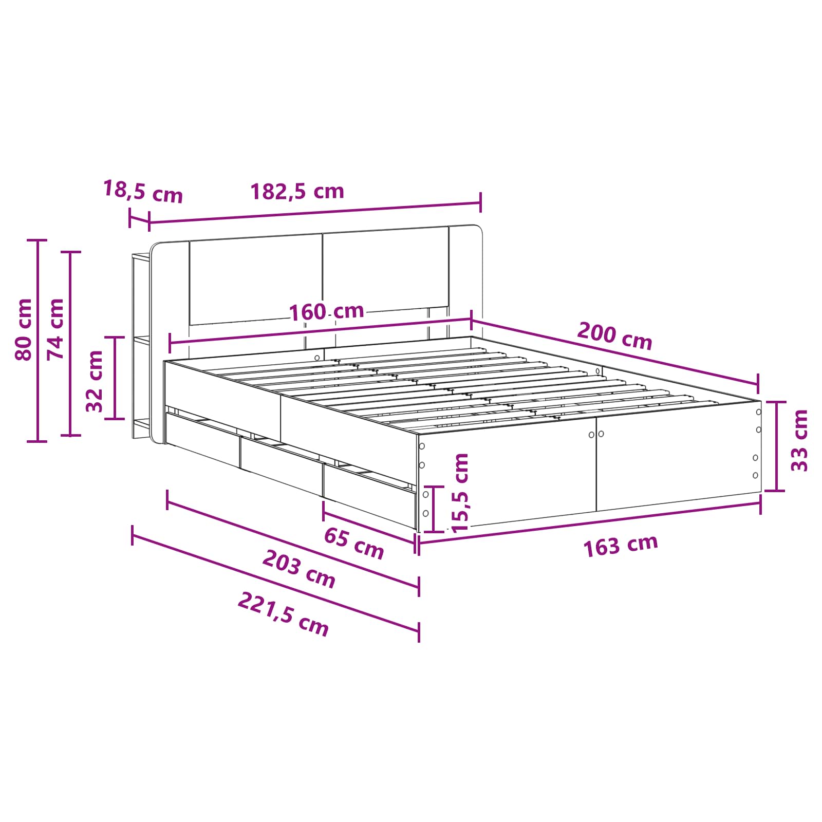 Okvir kreveta s pohranom Crna 160 x 200 cm Konstruirano drvo