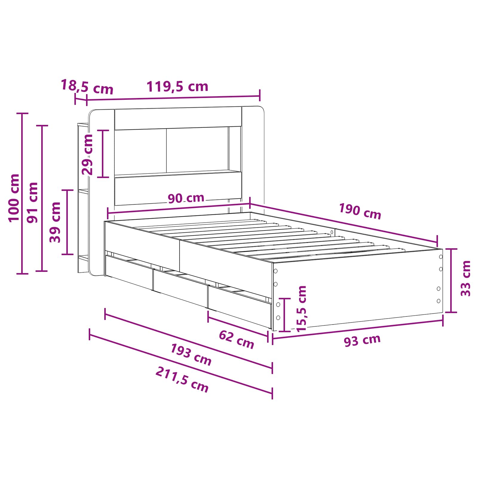 Okvir kreveta s pohranom s uzglavljem Betonska siva 90 x 190 cm
