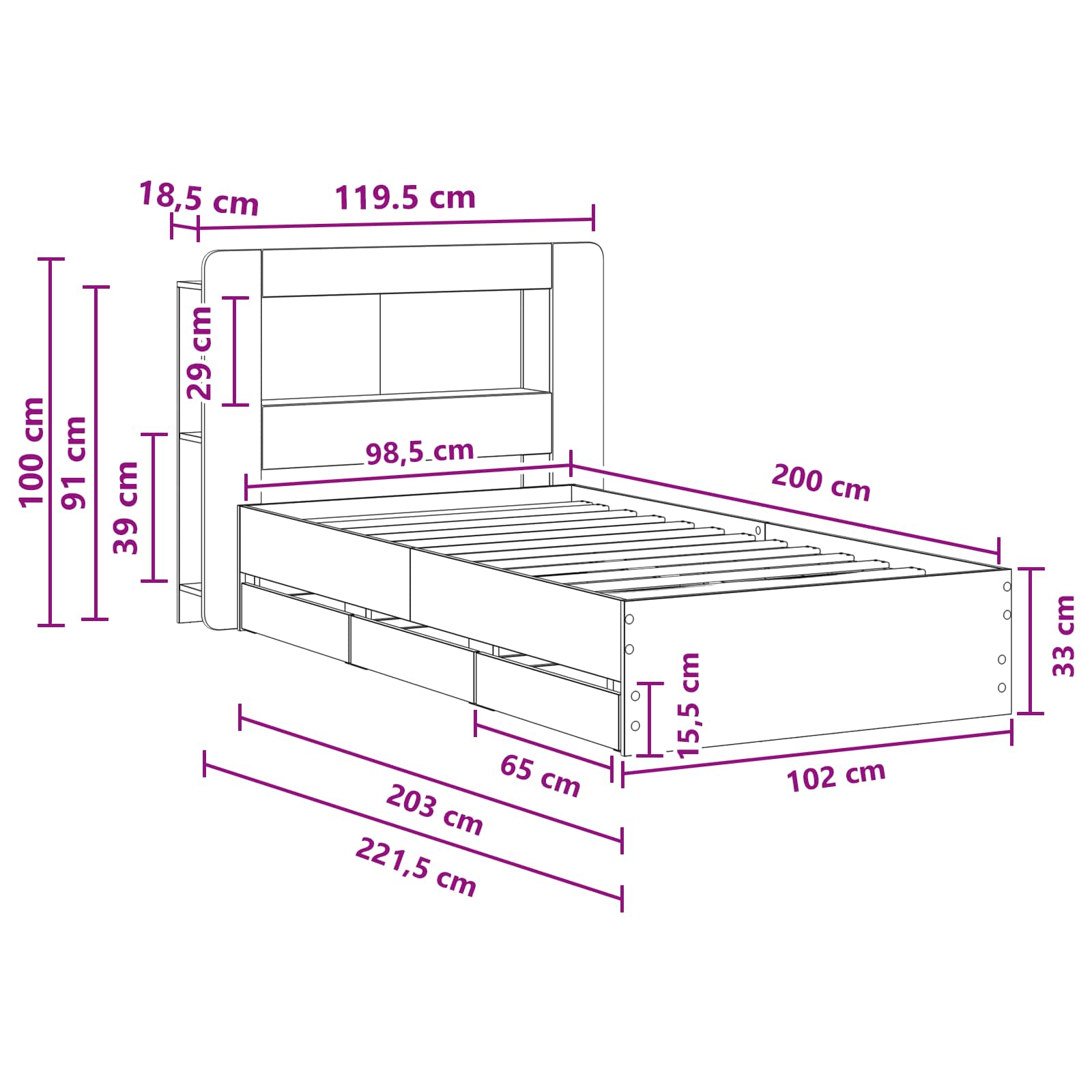 Okvir kreveta s pohranom s uzglavljem Siva Sonoma 100 x 200 cm