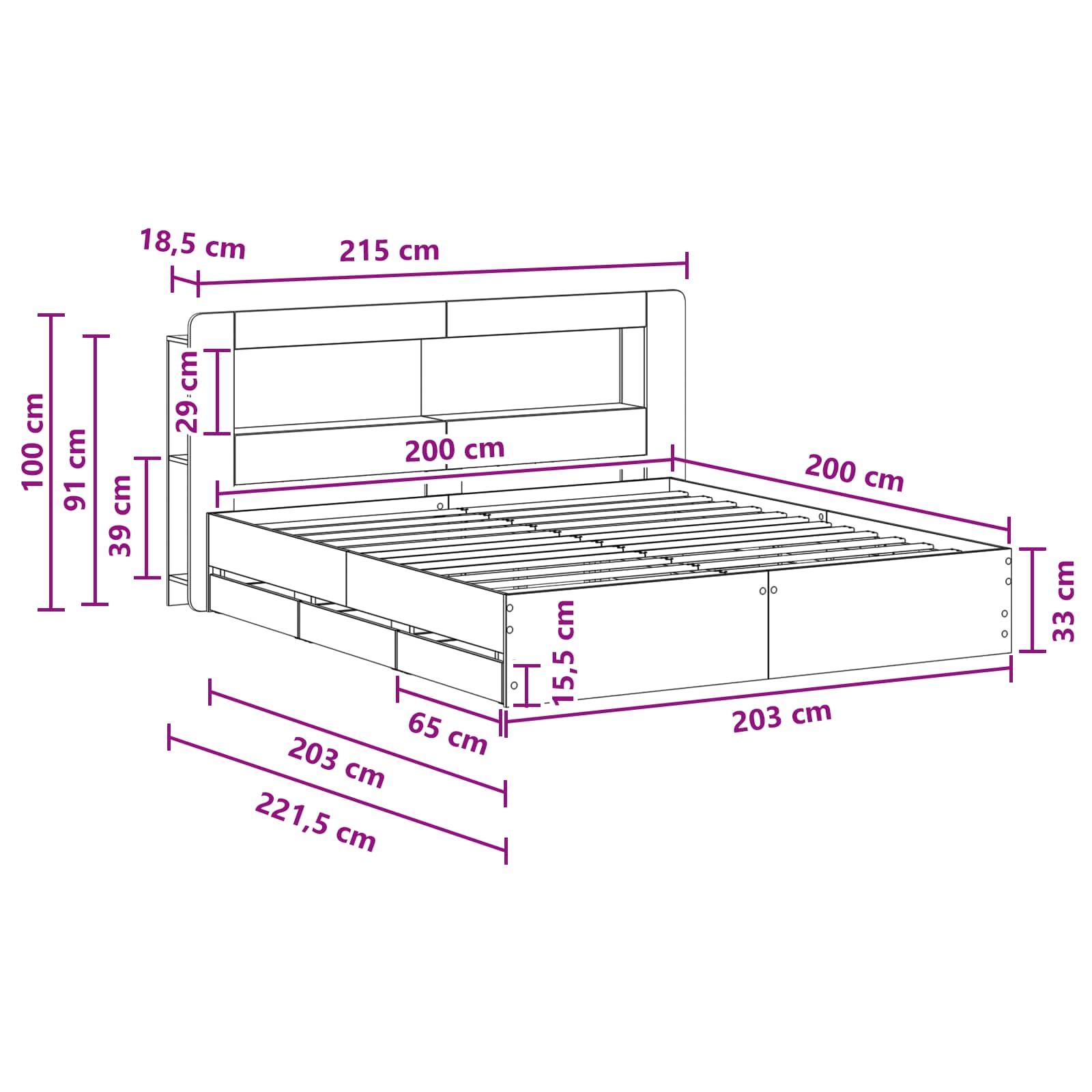 Okvir kreveta s pohranom Crna 200 x 200 cm Konstruirano drvo