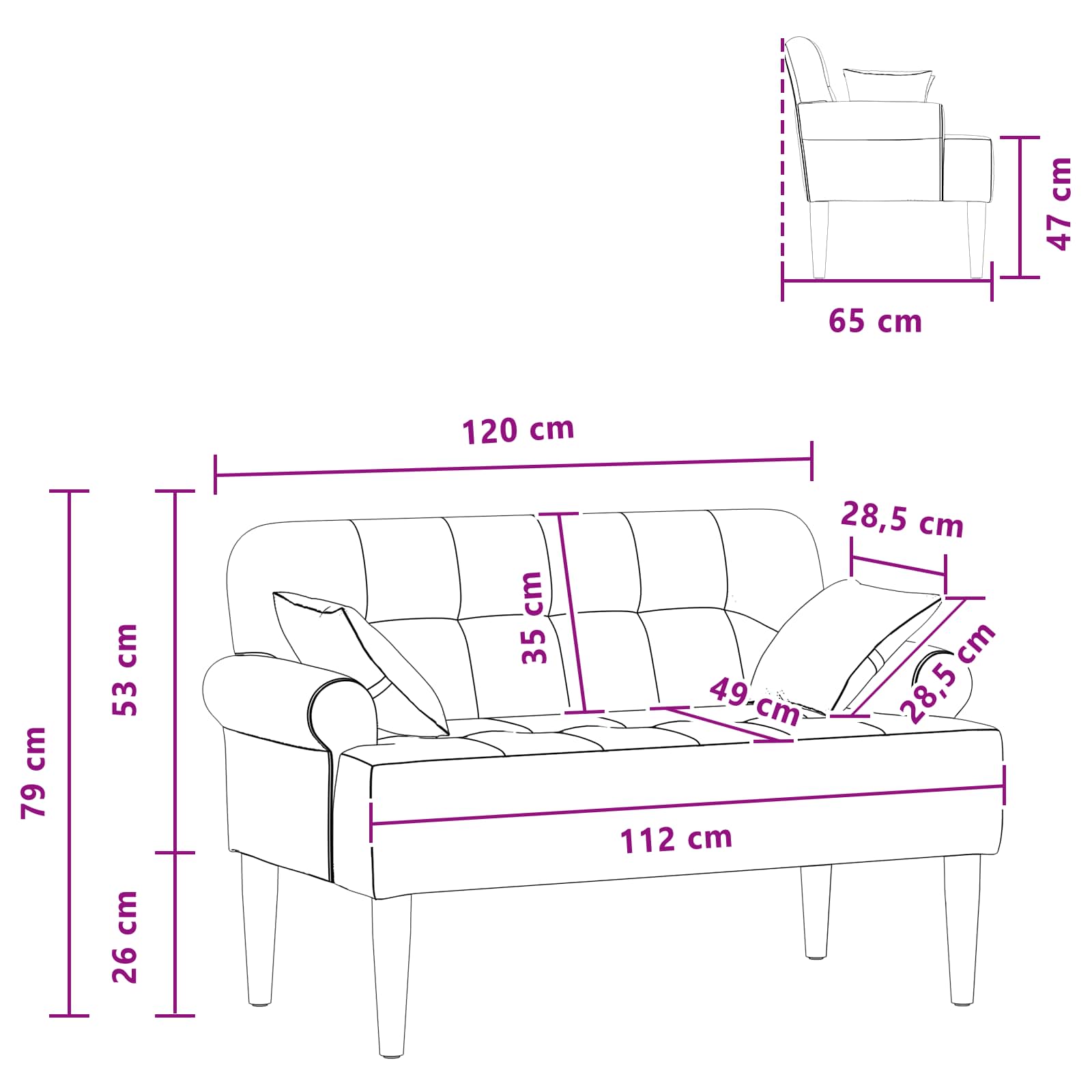 Ljubavni kauč s gumbima Crna 120 x 65 x 79 cm Tkanina