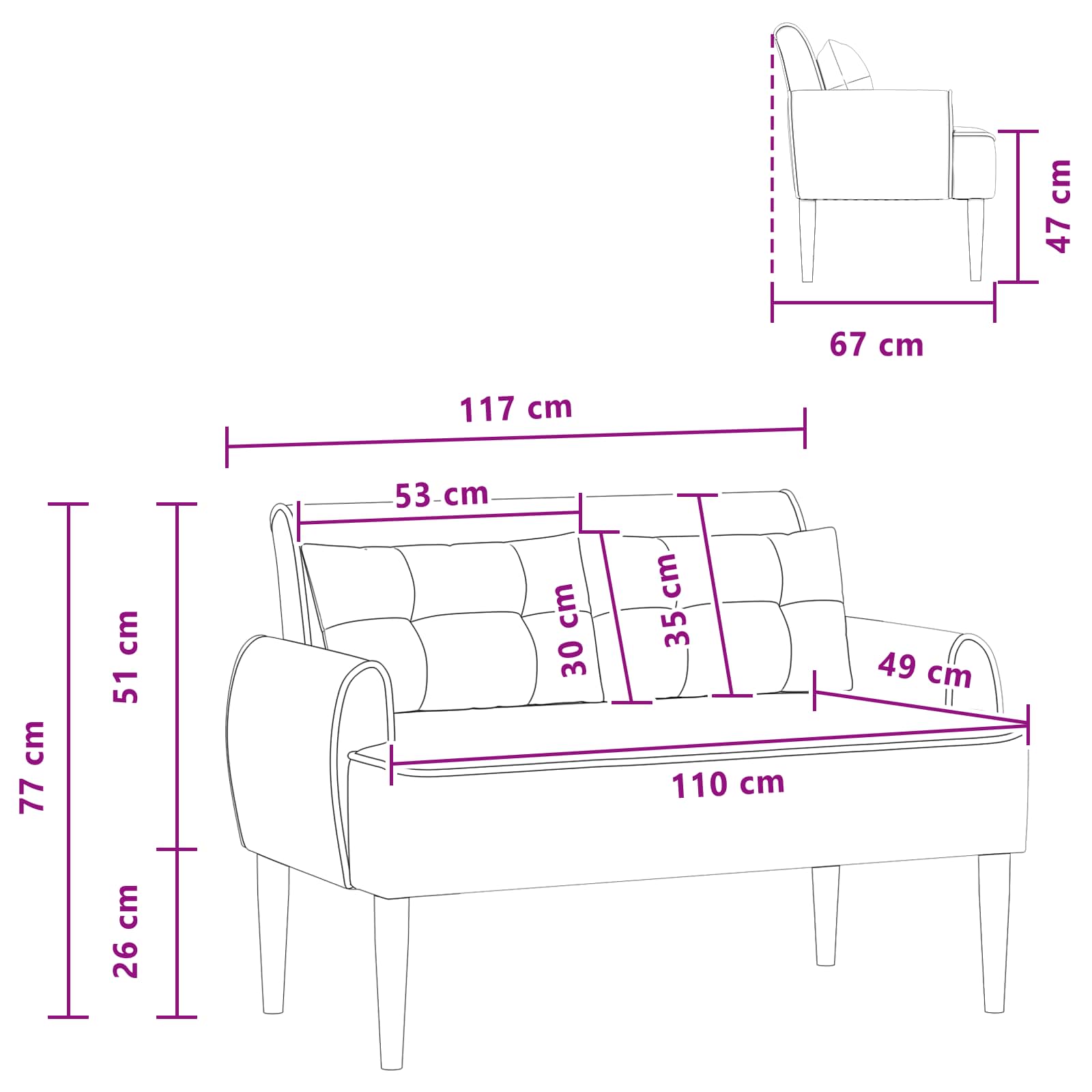 Ljubavni kauč s gumbima Crna 117 x 67 x 77 cm Bouclé