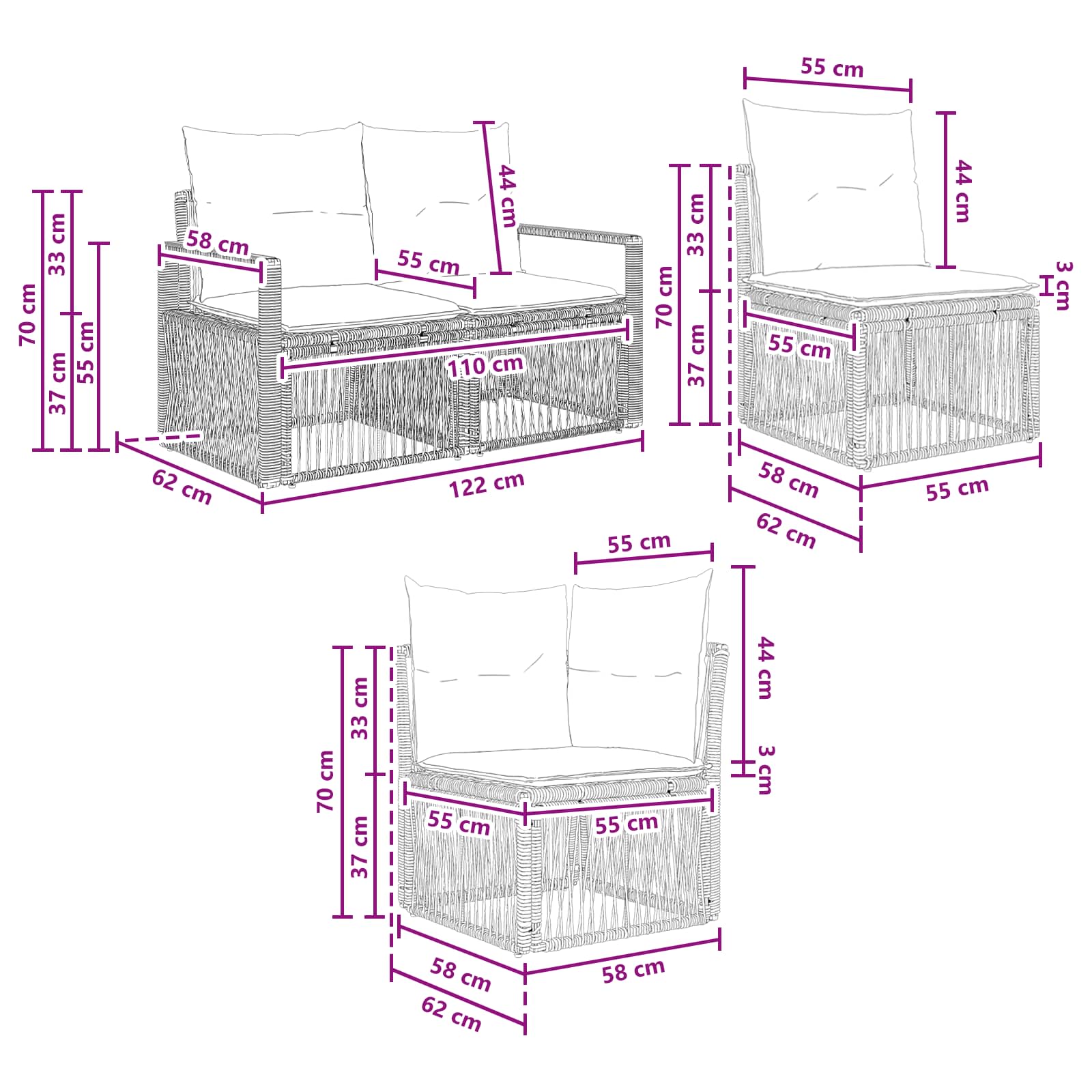 Sjedeća garnitura za vrt 4 pcs Crna poliratan