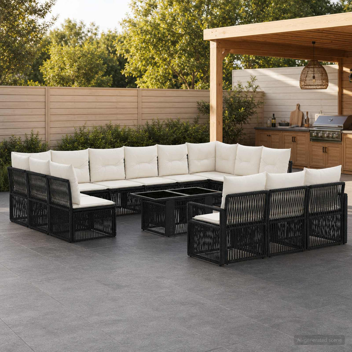 Sjedeća garnitura za vrt 14 kom. Crna i krem-bijela poliratan