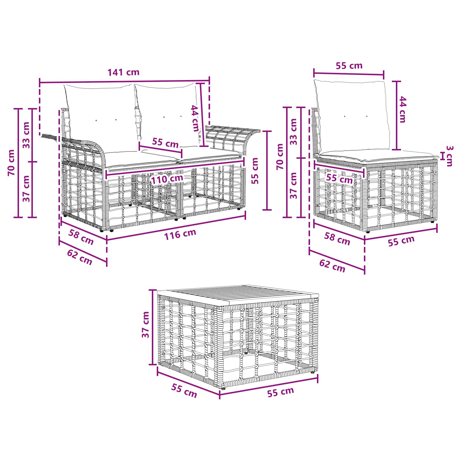 Set vanjskih sofa 6 kom. Crna i tamno siva poliratan