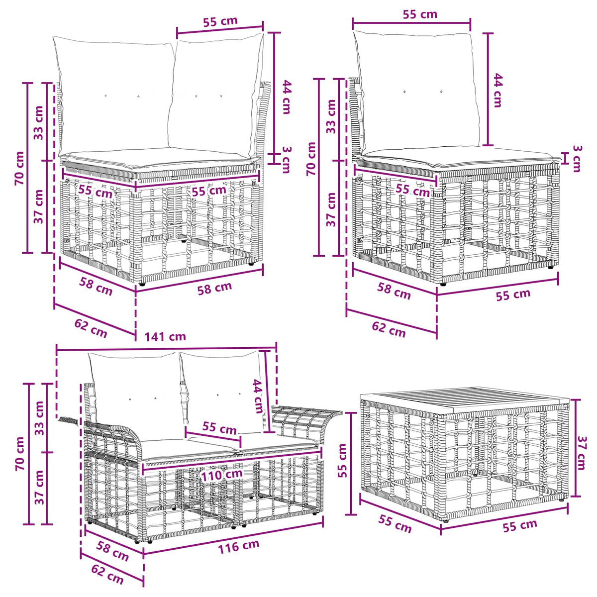 Set vanjskih sofa 8 kom. Crna i tamno siva poliratan